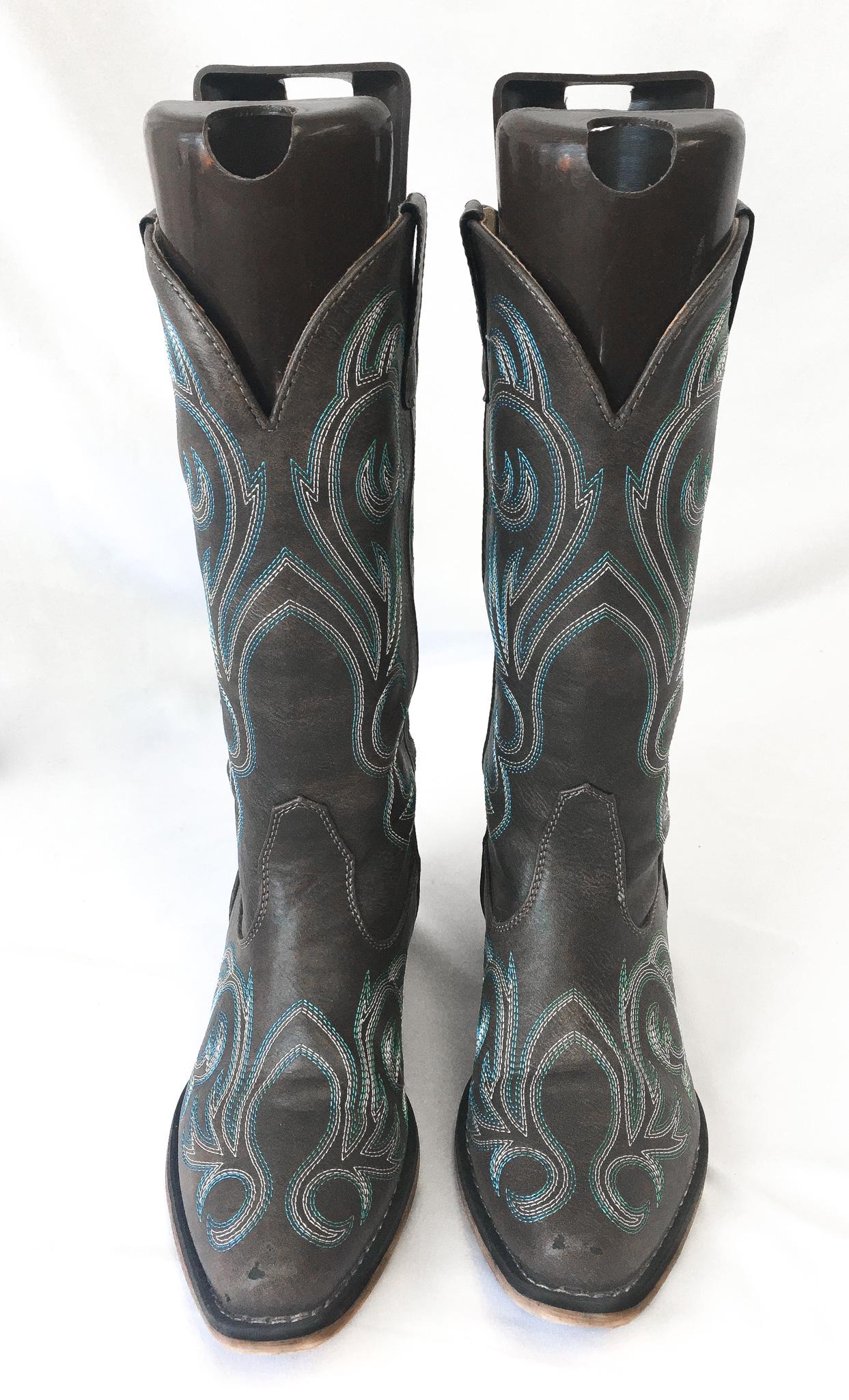 Vintage Inspired Roper Riley Faux Leather Brown Cowboy Boots with Blue Embroidery, Women's Sz. 6, Vintage Western Boots