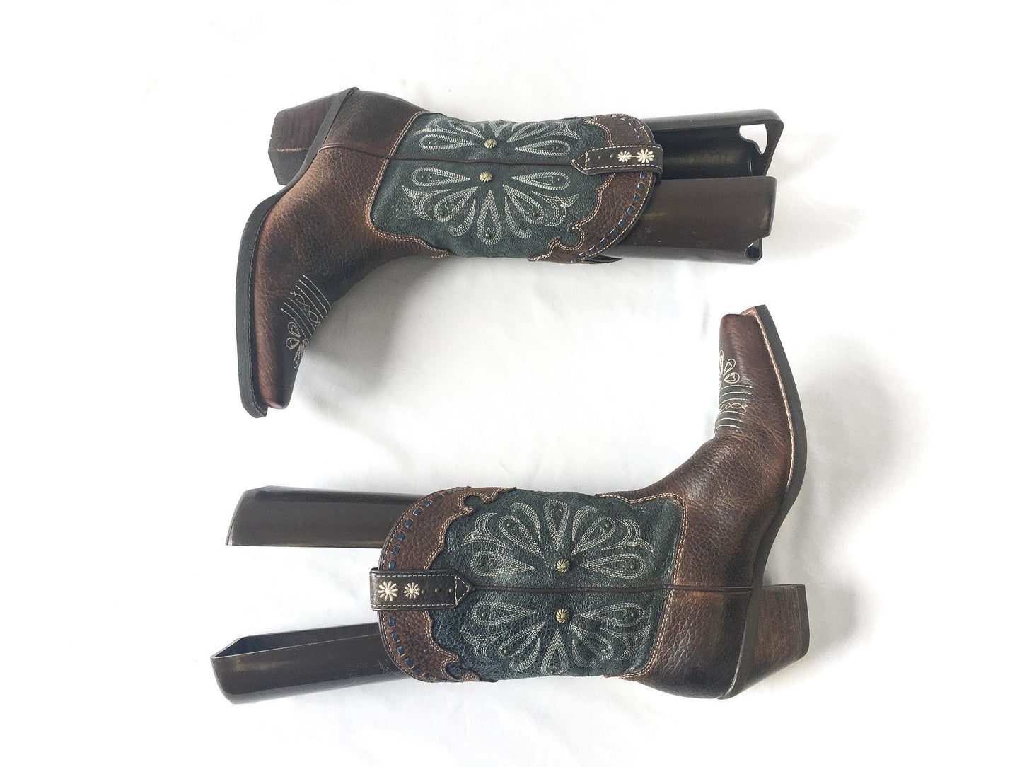 Vintage Inspired Ariat Daisy Dark Teal/Brown Studded Embroidered Cowboy Boots, Women's Sz. 6B, Vintage Unique Western Boots