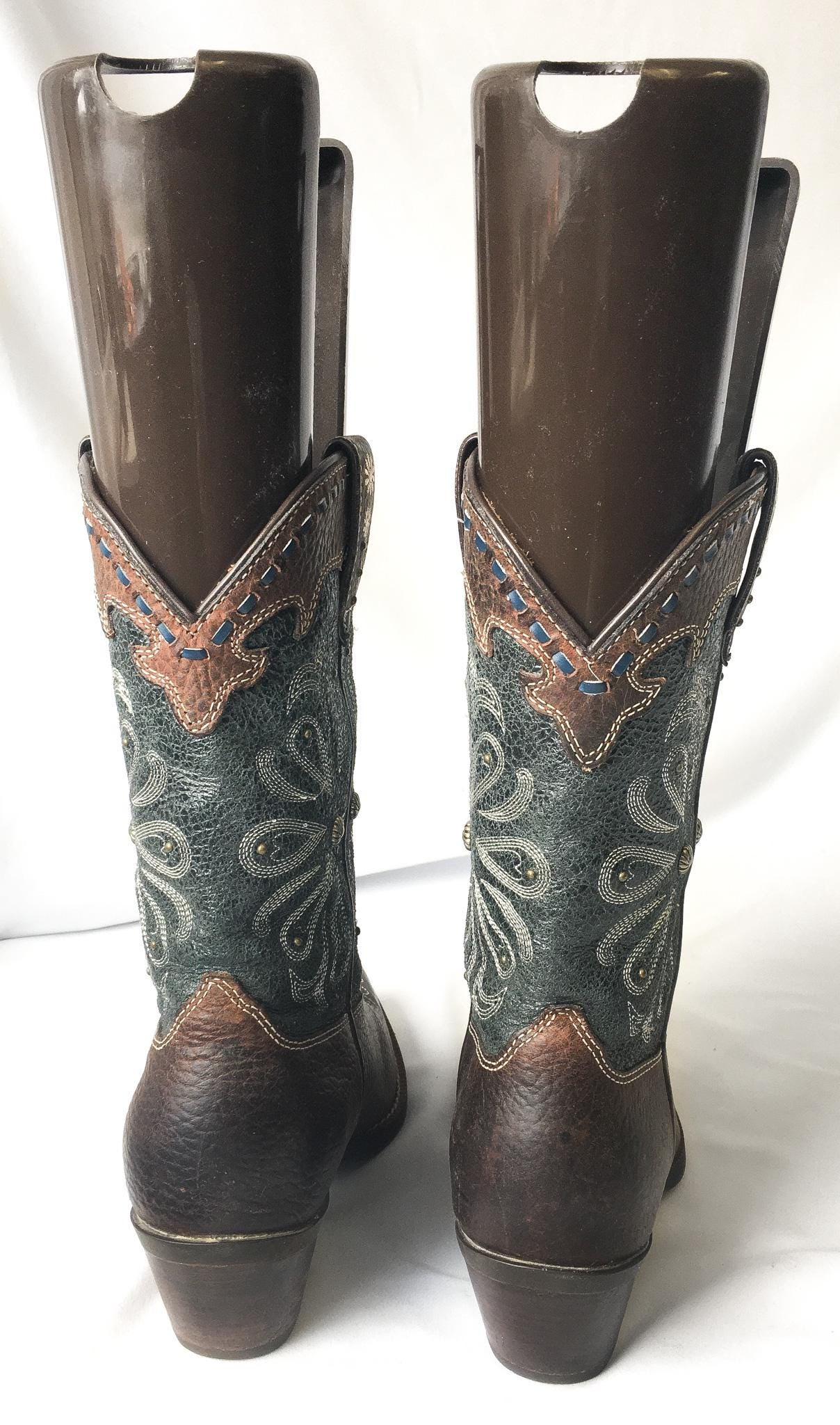 Vintage Inspired Ariat Daisy Dark Teal/Brown Studded Embroidered Cowboy Boots, Women's Sz. 6B, Vintage Unique Western Boots