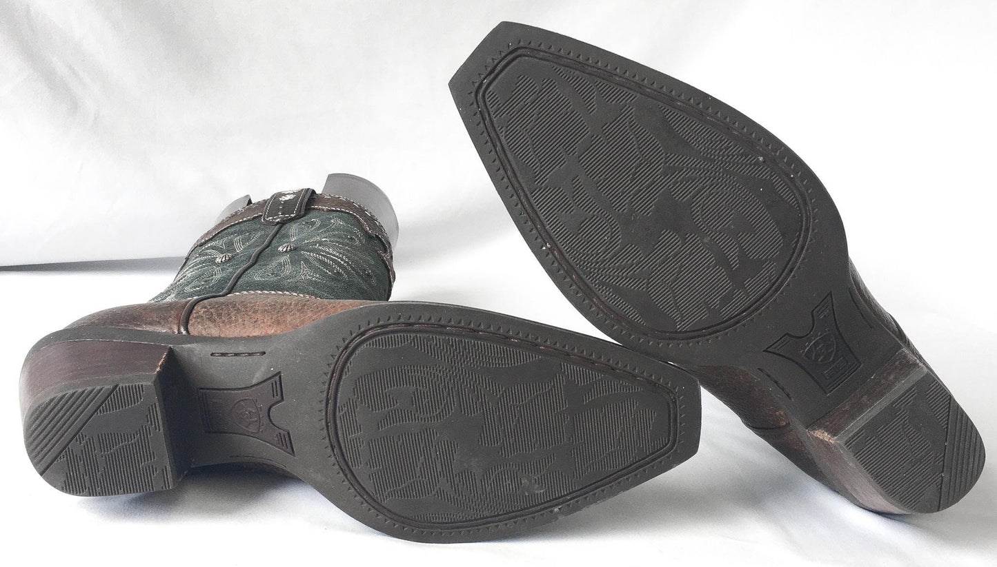 Vintage Inspired Ariat Daisy Dark Teal/Brown Studded Embroidered Cowboy Boots, Women's Sz. 6B, Vintage Unique Western Boots