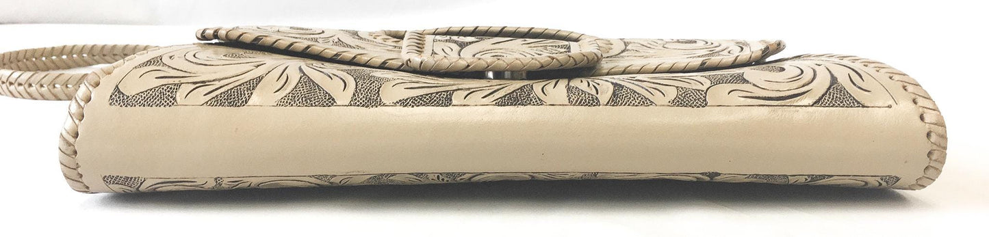 Beige/Cream Origenes by David Luna Floral Tooled Leather Crossbody Bag, Vintage Western Boho Handbag