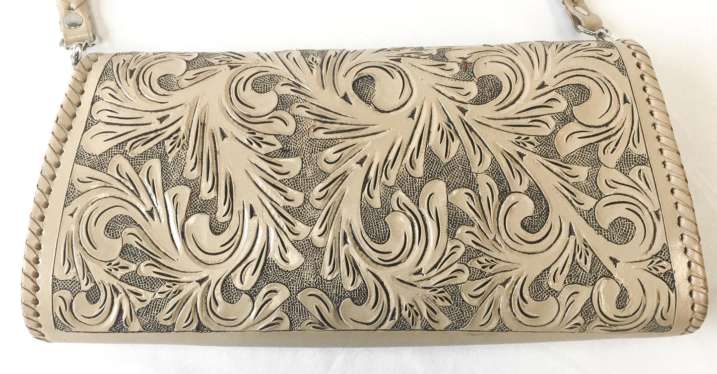 Beige/Cream Origenes by David Luna Floral Tooled Leather Crossbody Bag, Vintage Western Boho Handbag