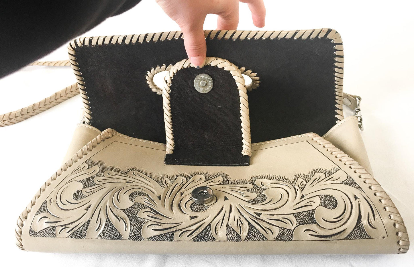 Beige/Cream Origenes by David Luna Floral Tooled Leather Crossbody Bag, Vintage Western Boho Handbag