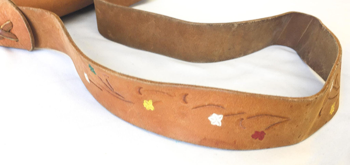 70s Handcrafted Tooled Leather Flap Crossbody Shoulder Bag with Hand Painted Floral Details, Vintage Western Boho Handbag