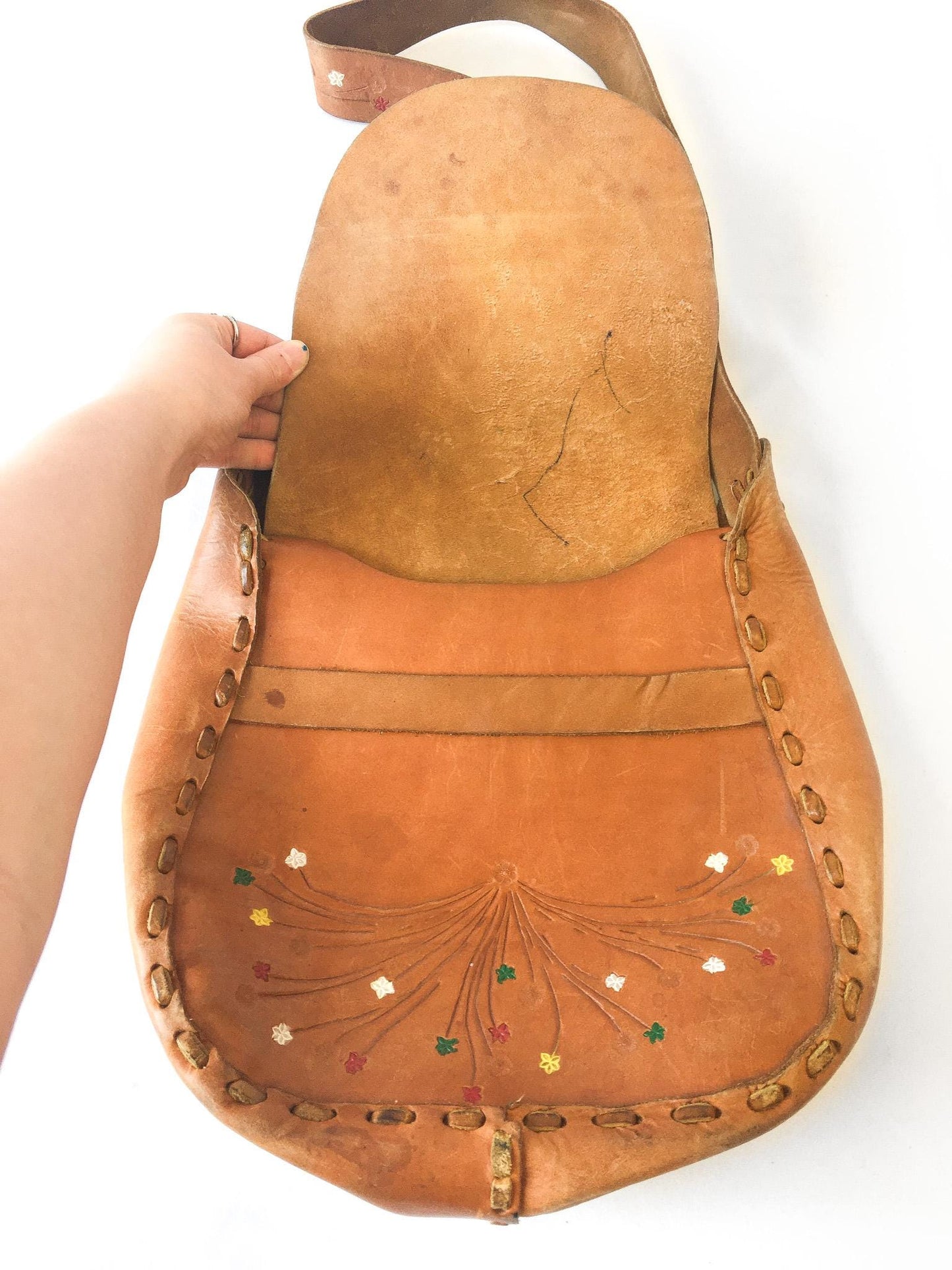 70s Handcrafted Tooled Leather Flap Crossbody Shoulder Bag with Hand Painted Floral Details, Vintage Western Boho Handbag