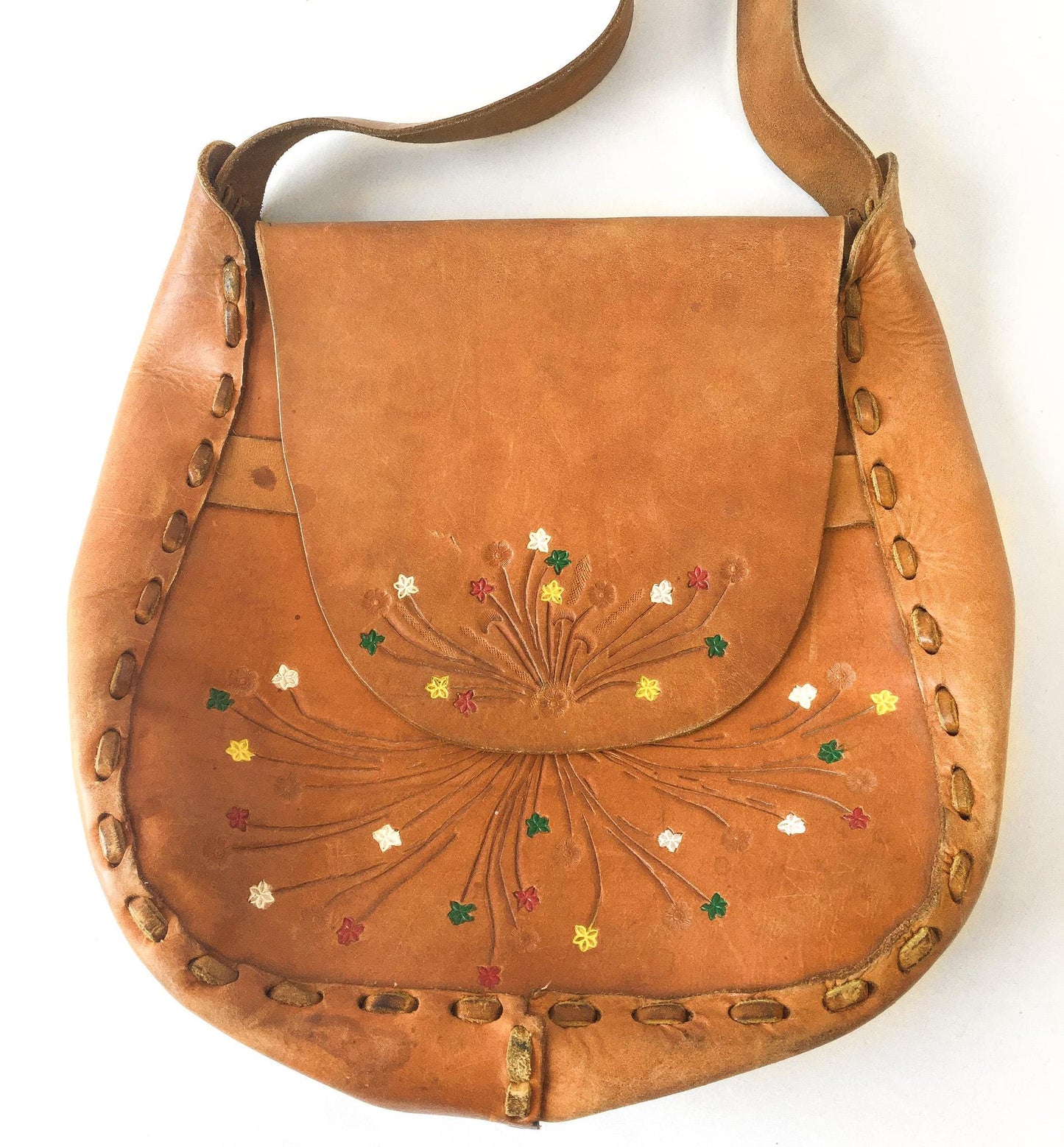 70s Handcrafted Tooled Leather Flap Crossbody Shoulder Bag with Hand Painted Floral Details, Vintage Western Boho Handbag