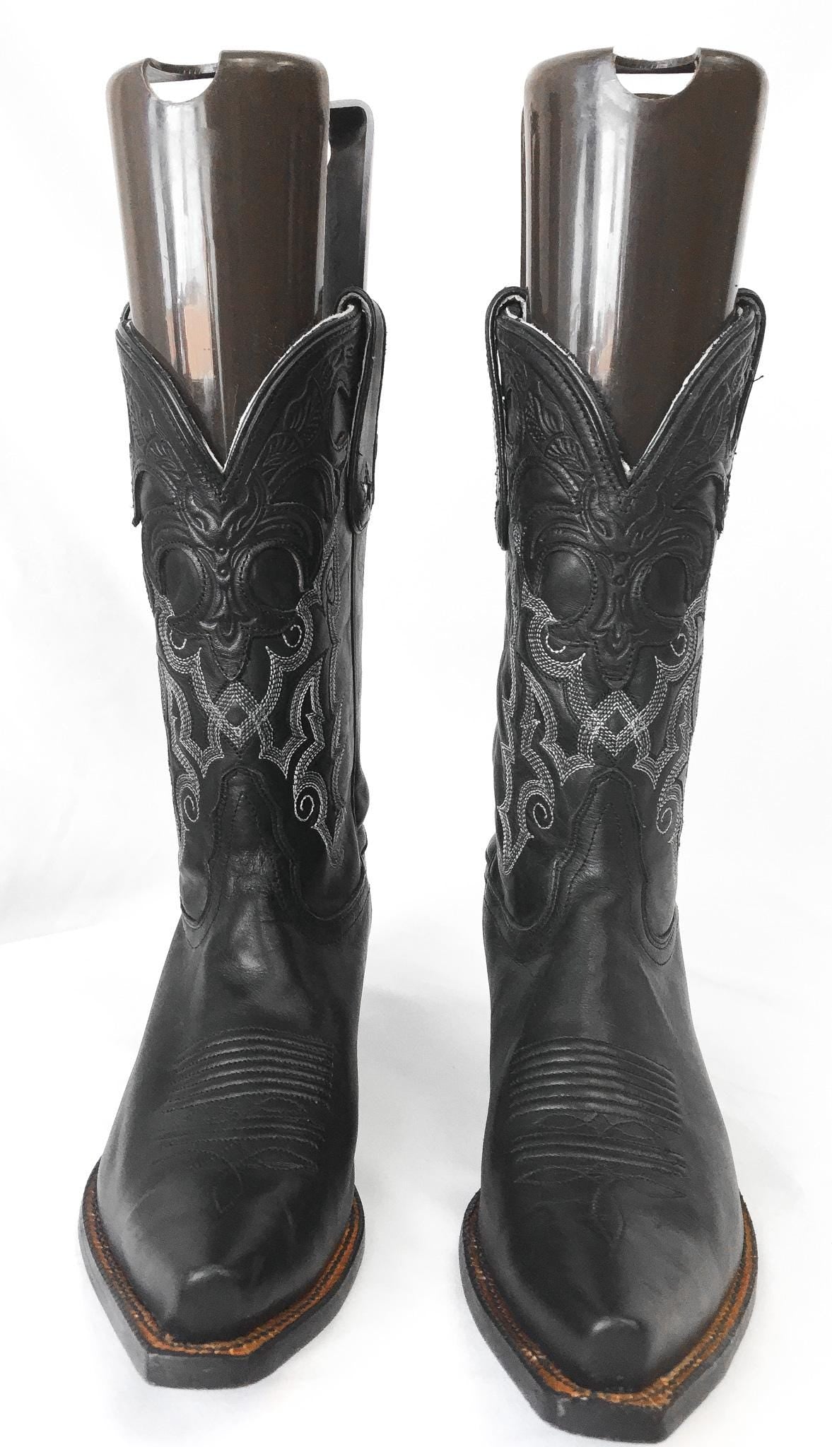 Vaquero Tony Lama VF 6000 Black White Star Embroidered Cowboy Boots, Women's Sz. 8B, Vintage Western Festival Cowgirl Boots