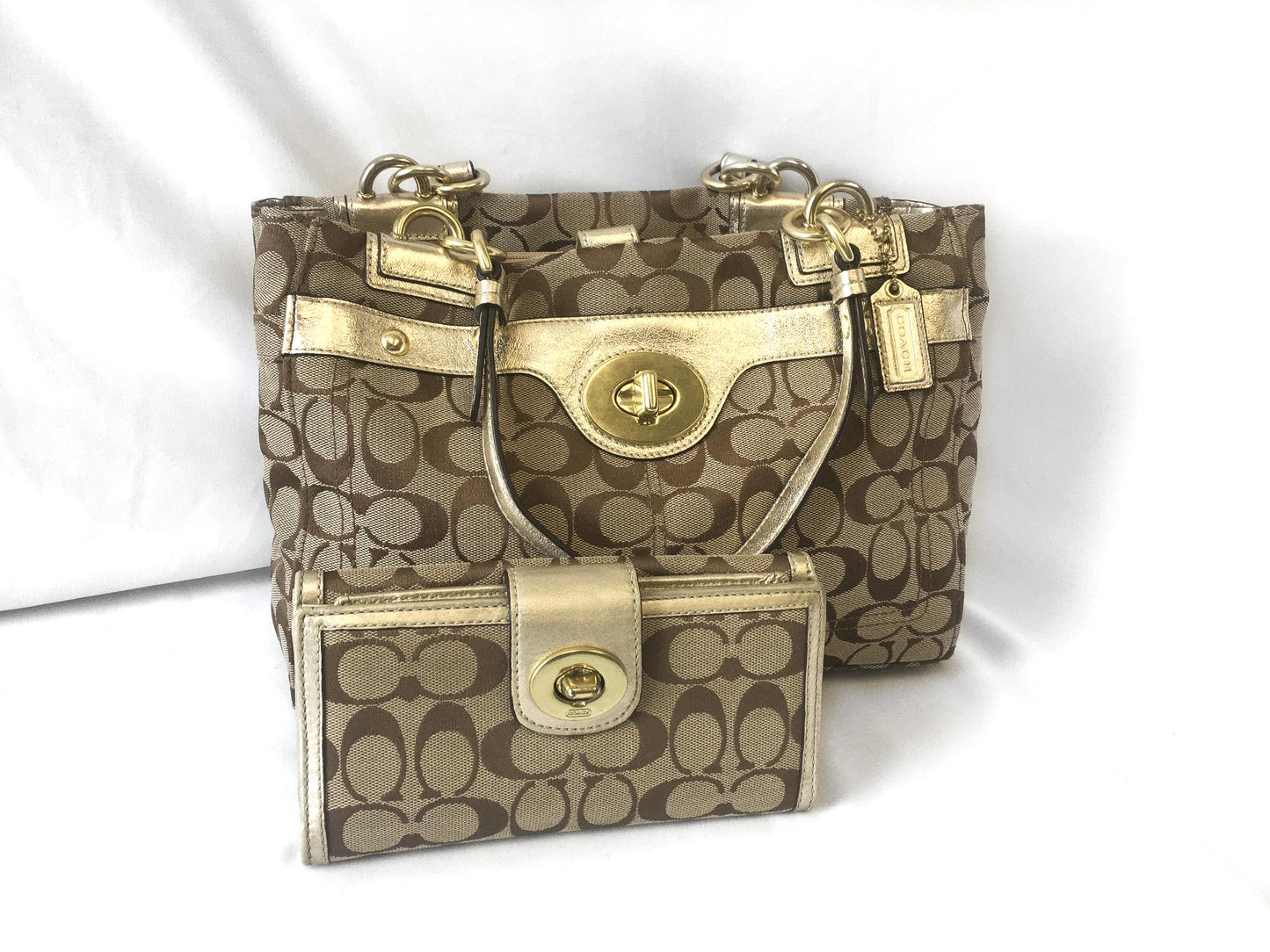 00s Coach Penelope Metallic Beige Gold Signature C Monogram Canvas Leather Shoulder Bag with Matching Wallet, Style #F16540, Y2K Coach Bag