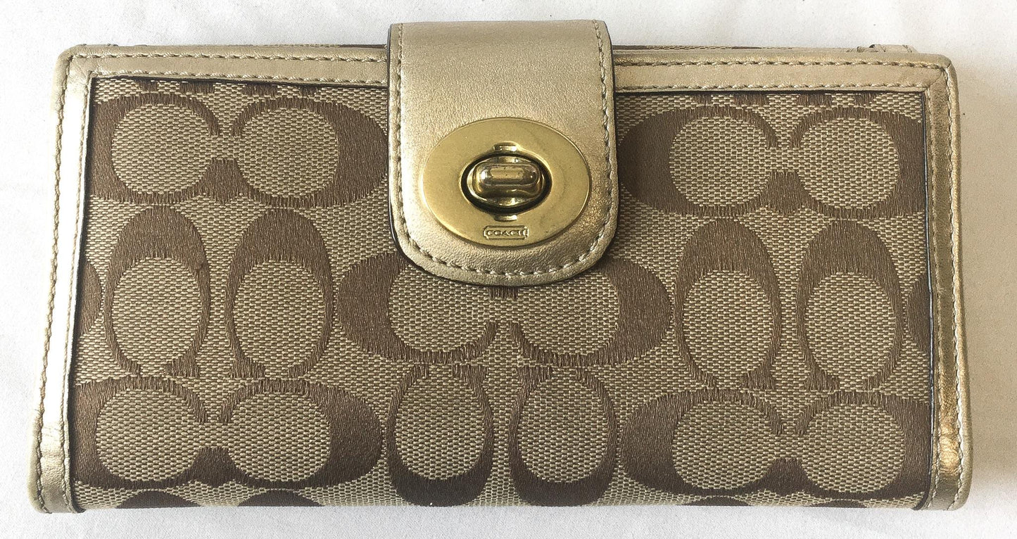 00s Coach Penelope Metallic Beige Gold Signature C Monogram Canvas Leather Shoulder Bag with Matching Wallet, Style #F16540, Y2K Coach Bag