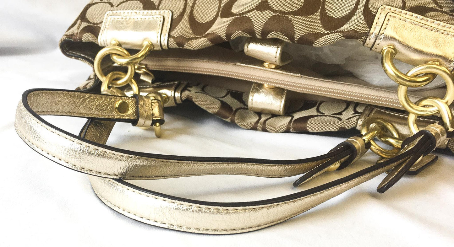 00s Coach Penelope Metallic Beige Gold Signature C Monogram Canvas Leather Shoulder Bag with Matching Wallet, Style #F16540, Y2K Coach Bag