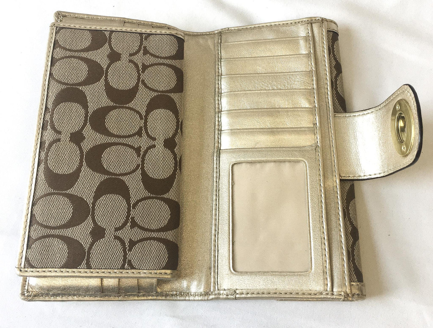00s Coach Penelope Metallic Beige Gold Signature C Monogram Canvas Leather Shoulder Bag with Matching Wallet, Style #F16540, Y2K Coach Bag