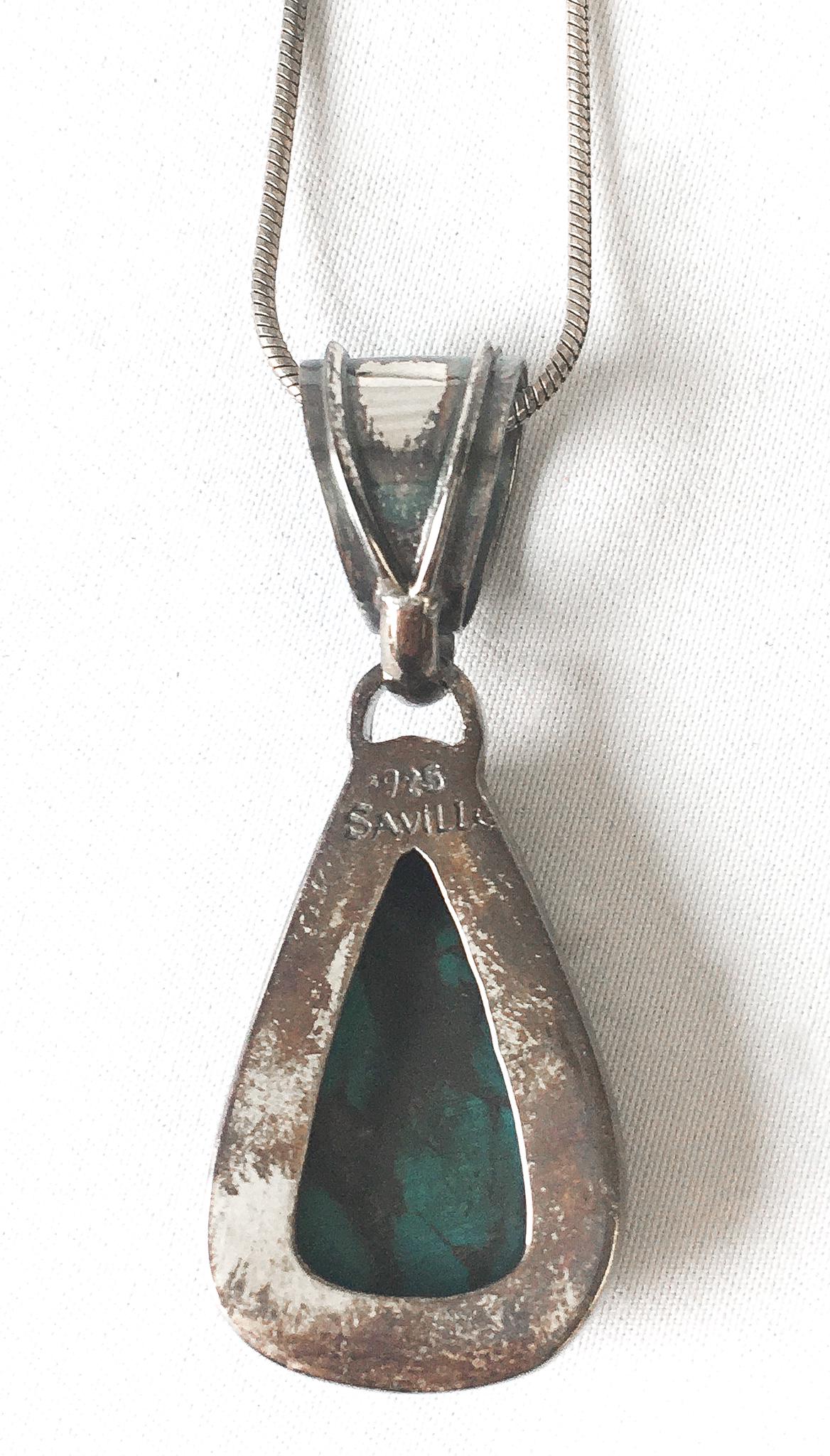 Vintage Saville 925 Turquoise Teardrop Pendant with 925 Italy Round Snake Chain, 21", Vintage Boho Navajo Statement Necklace