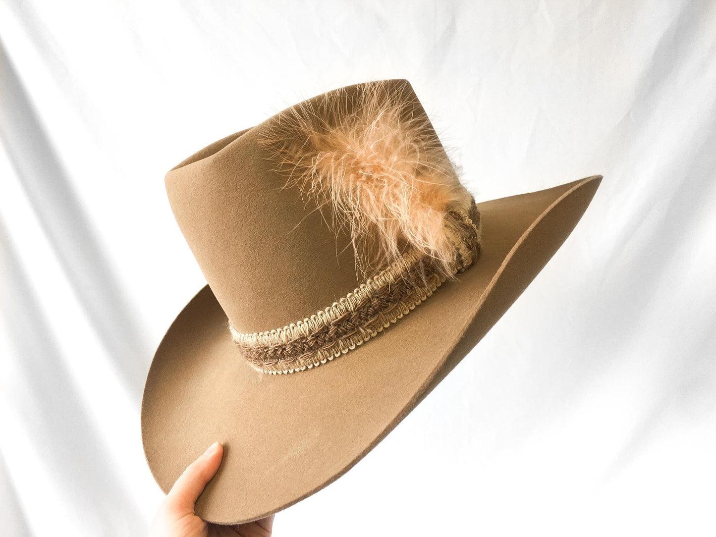 Vintage Resistol Stagecoach Tan/Brown Tall Cowboy Hat with Woven and Light Pink Feather Band, Sz. 7 1/2, Unique Western Hat
