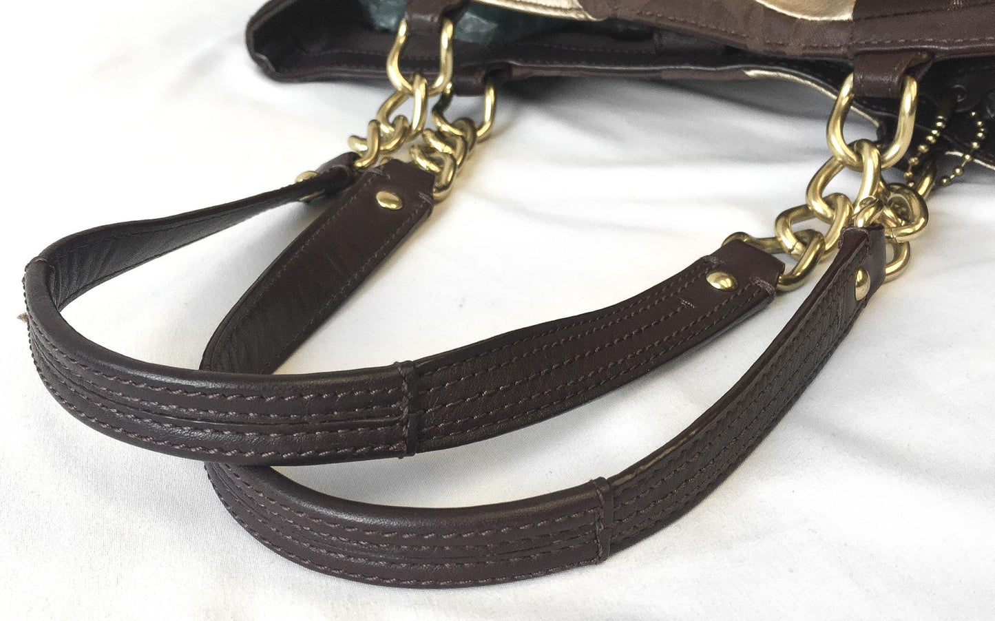 Y2K Coach Inlaid Patchwork Tote Shoulder Bag in Chocolate Multi, Style #200013, Y2K 00s Coach Shoulder Handbag