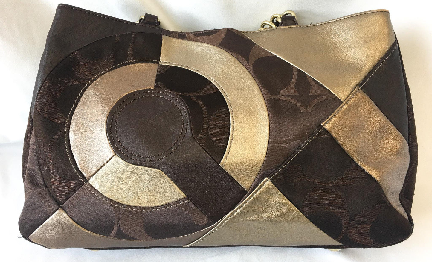 Y2K Coach Inlaid Patchwork Tote Shoulder Bag in Chocolate Multi, Style #200013, Y2K 00s Coach Shoulder Handbag
