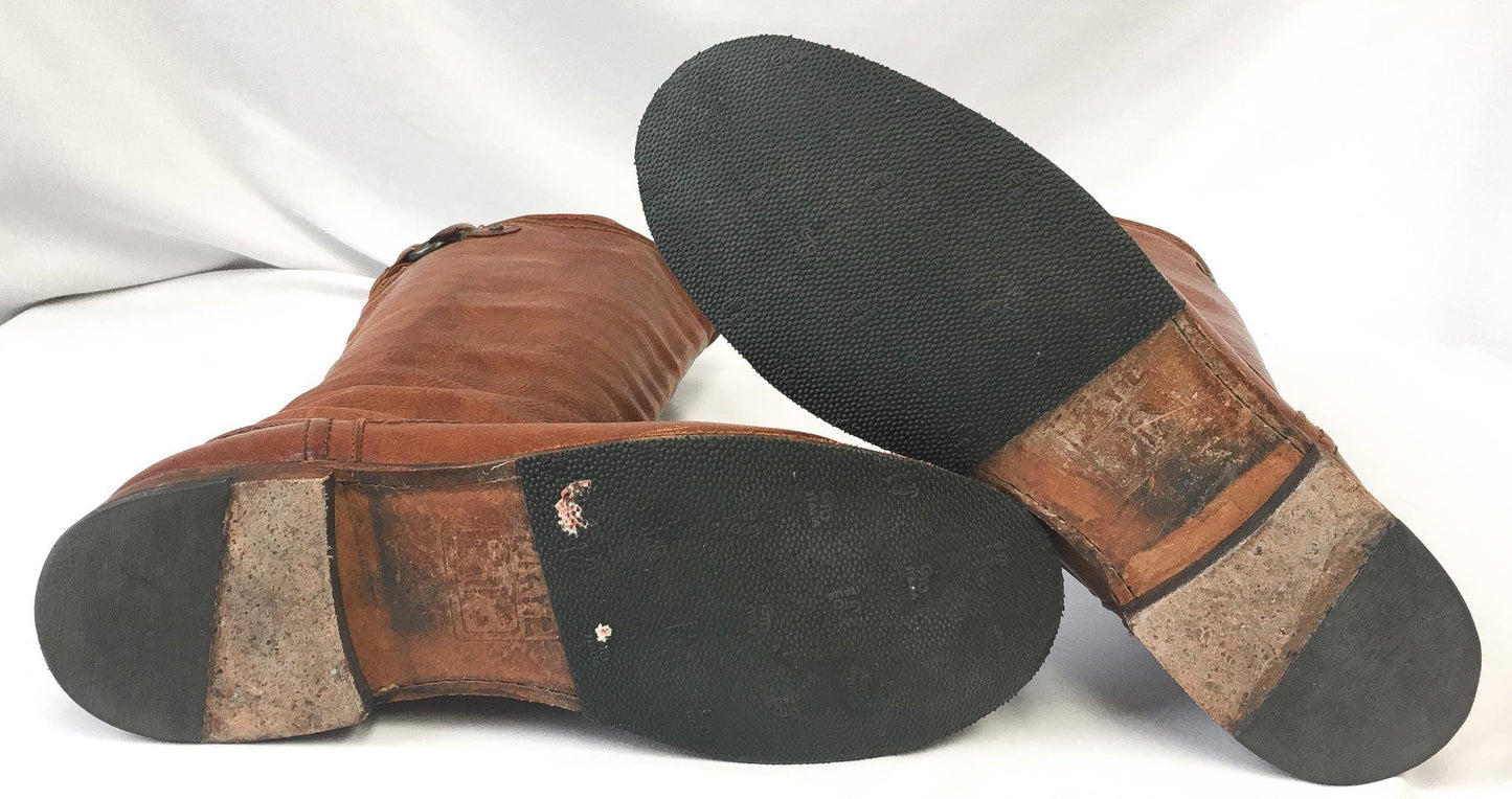 Vintage Inspired Frye Paige Trapunto Red/Brown Leather Knee High Riding Boots, Style #76140, Women's Sz. 10B, Vintage Western Boots