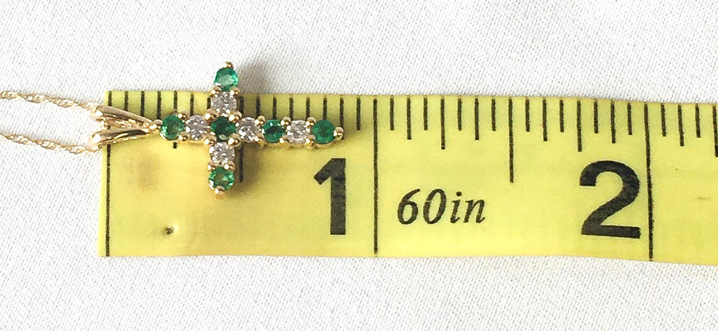 10K Gold Diamond and Green Sapphire Cross Pendant on 18" 10K Gold Chain, Elegant Simple Everyday Cross Necklace