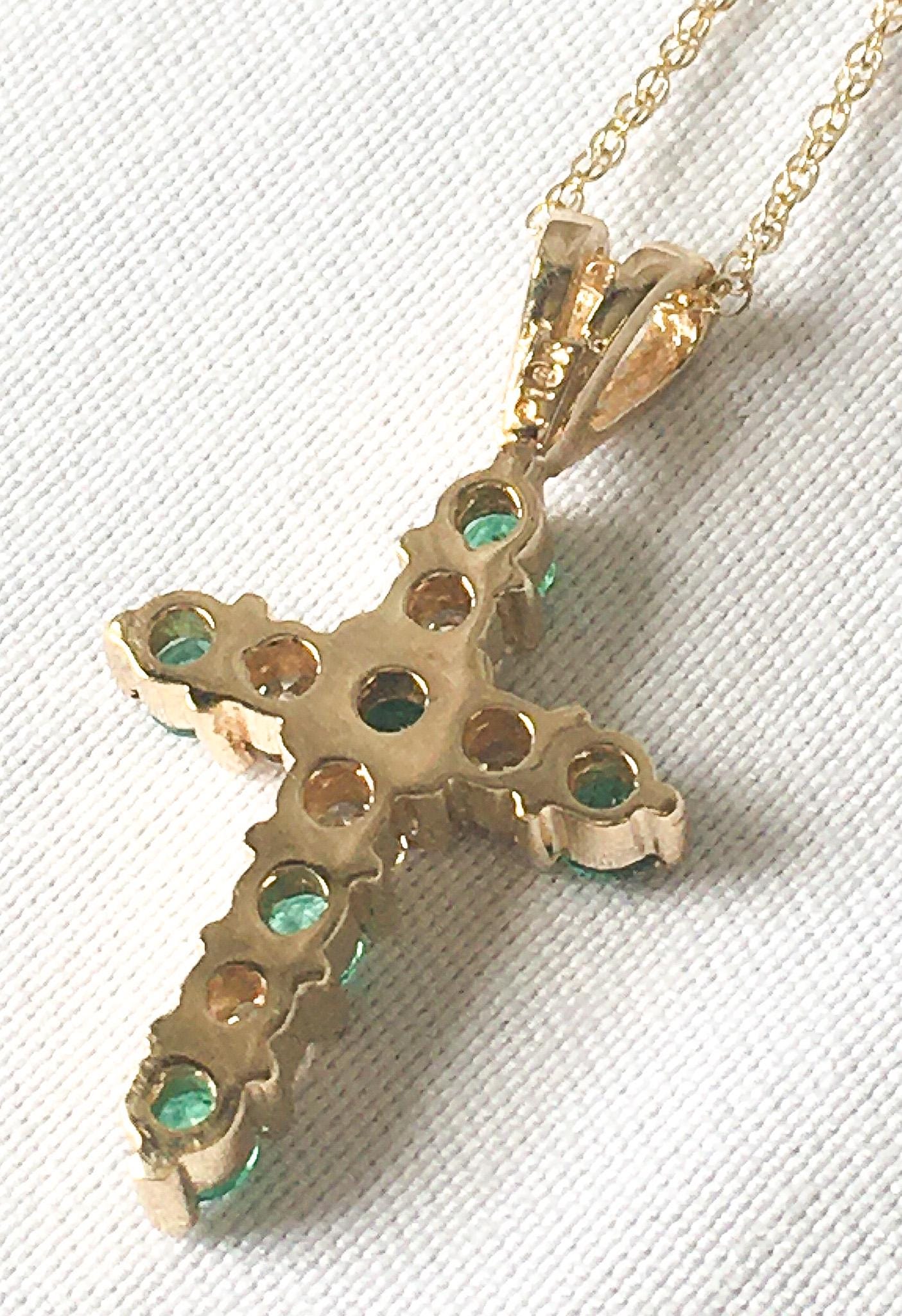 10K Gold Diamond and Green Sapphire Cross Pendant on 18" 10K Gold Chain, Elegant Simple Everyday Cross Necklace