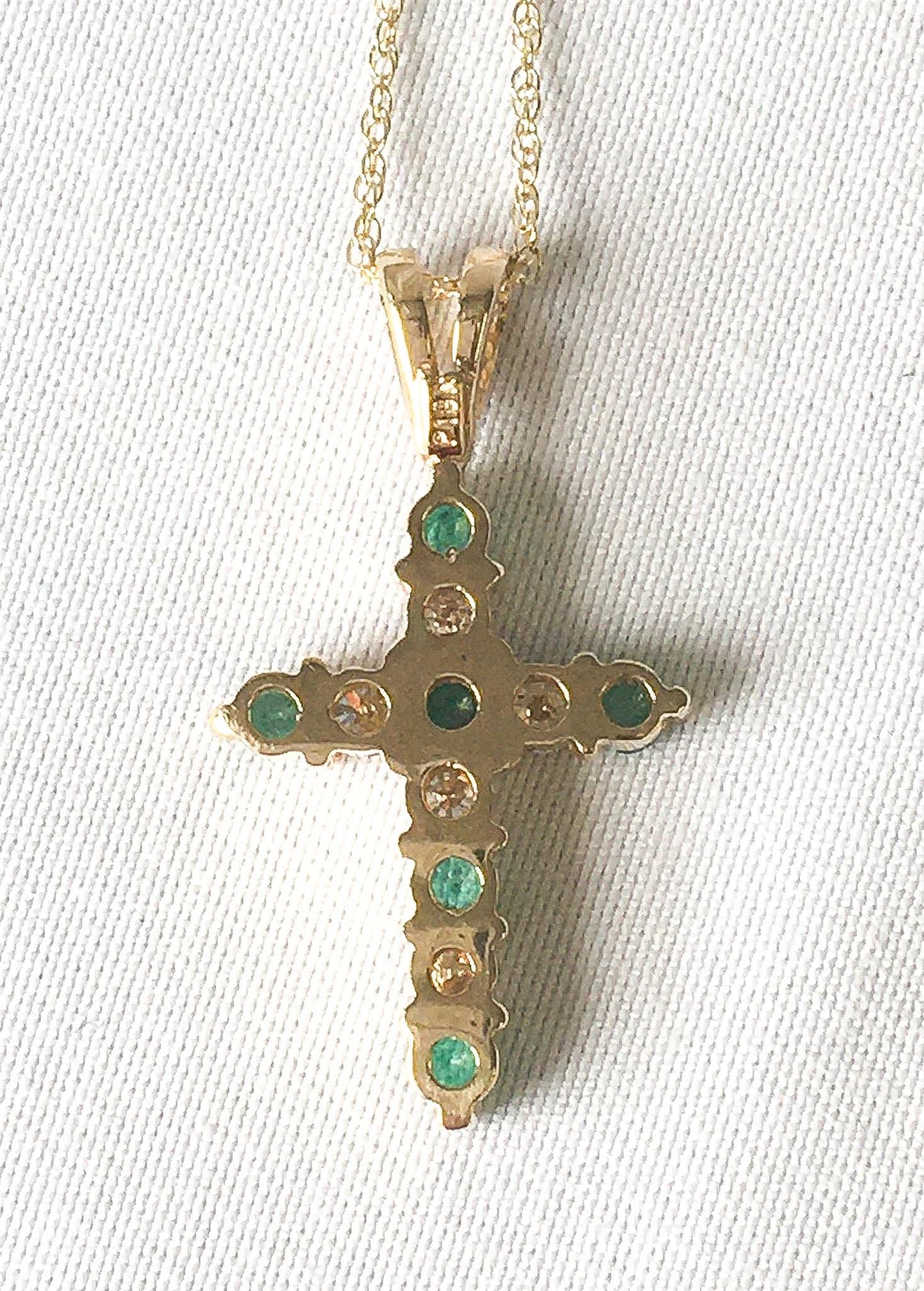 10K Gold Diamond and Green Sapphire Cross Pendant on 18" 10K Gold Chain, Elegant Simple Everyday Cross Necklace