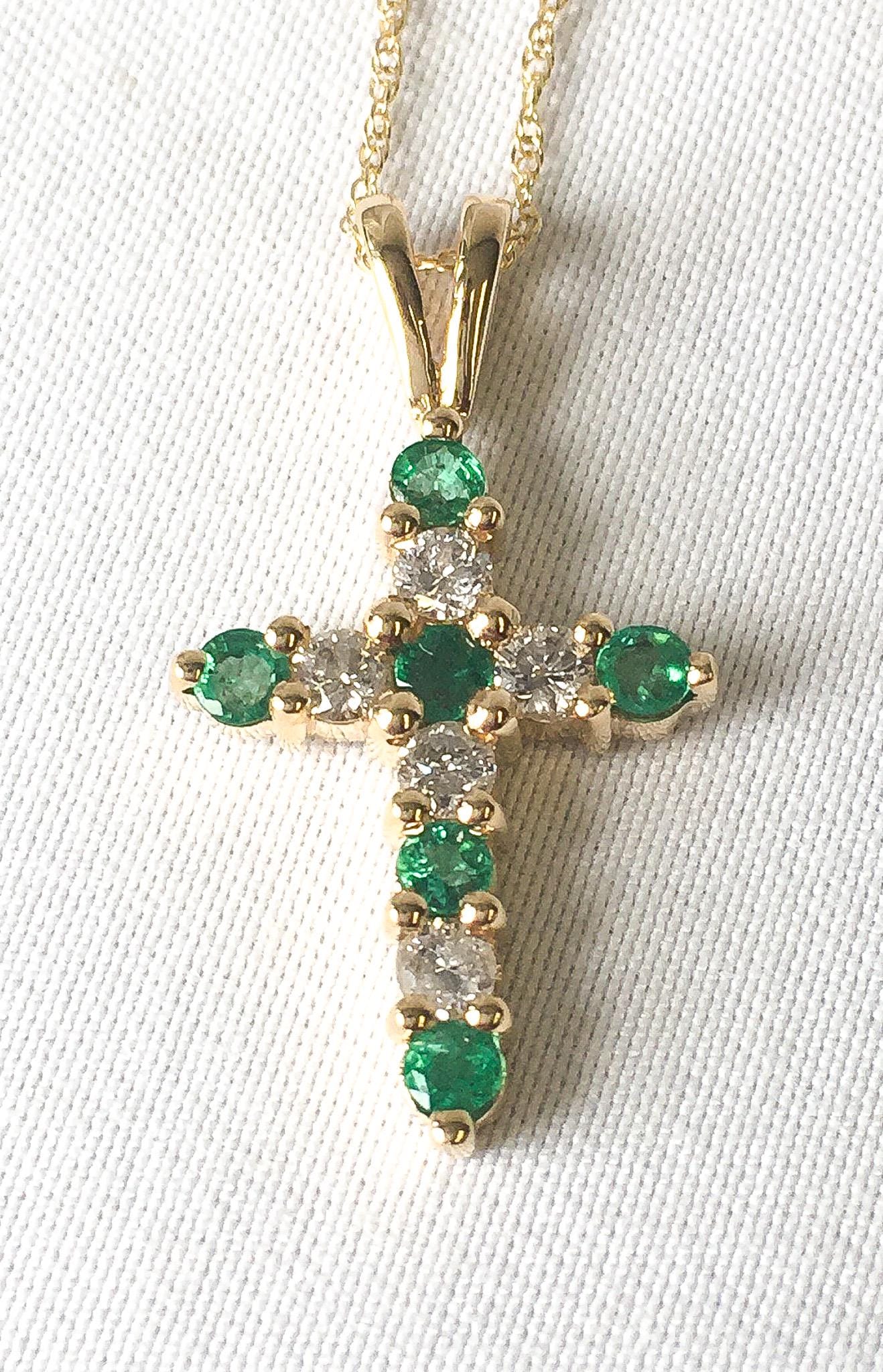 10K Gold Diamond and Green Sapphire Cross Pendant on 18" 10K Gold Chain, Elegant Simple Everyday Cross Necklace