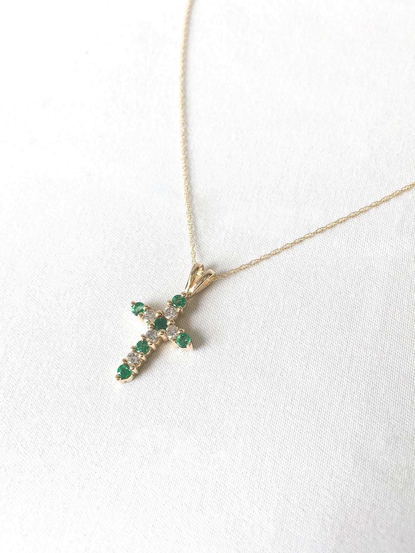 10K Gold Diamond and Green Sapphire Cross Pendant on 18" 10K Gold Chain, Elegant Simple Everyday Cross Necklace