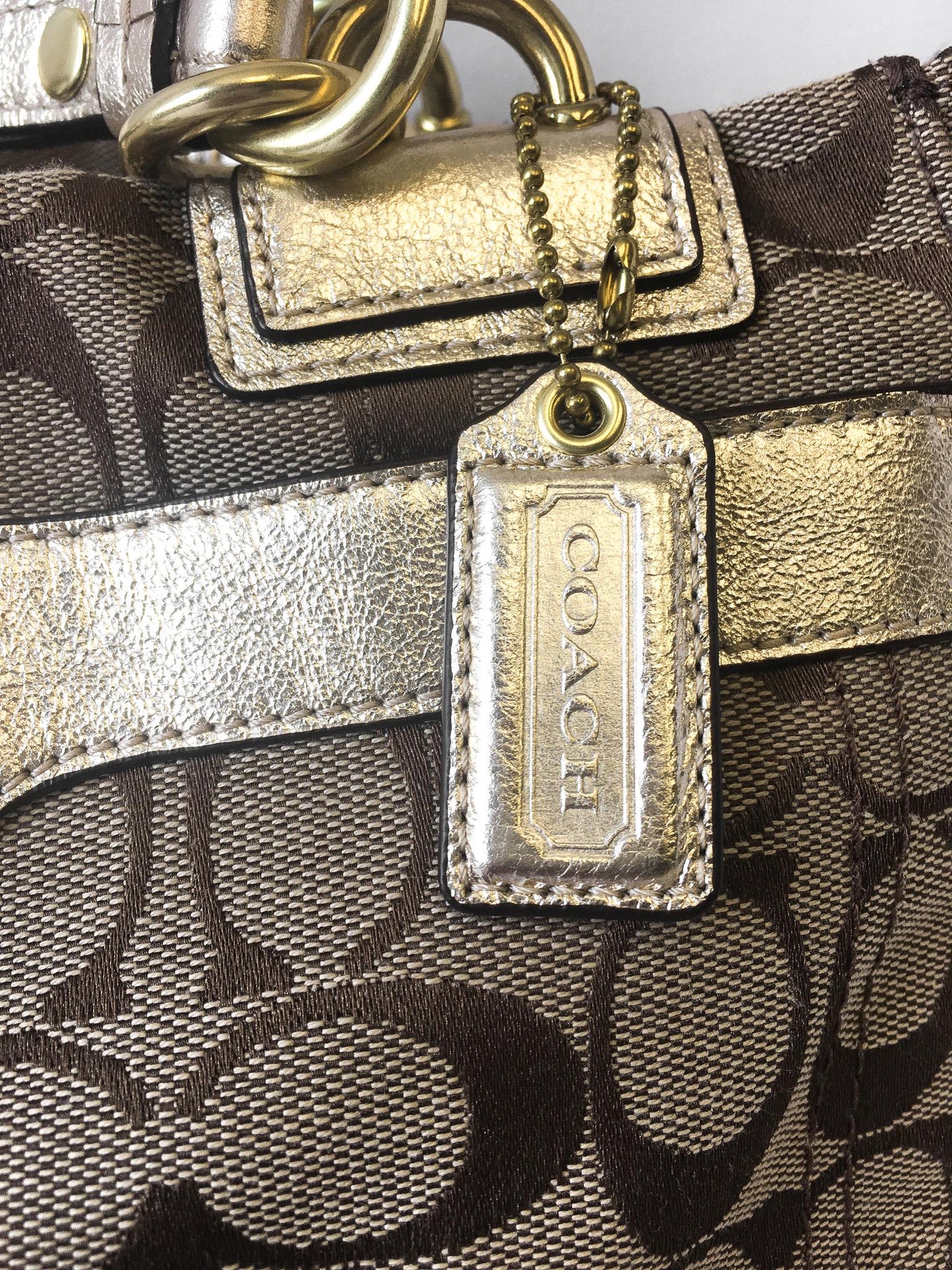 00s Coach Penelope Metallic Beige Gold Signature C Monogram Canvas Leather Shoulder Bag with Matching Wallet, Style #F16540, Y2K Coach Bag