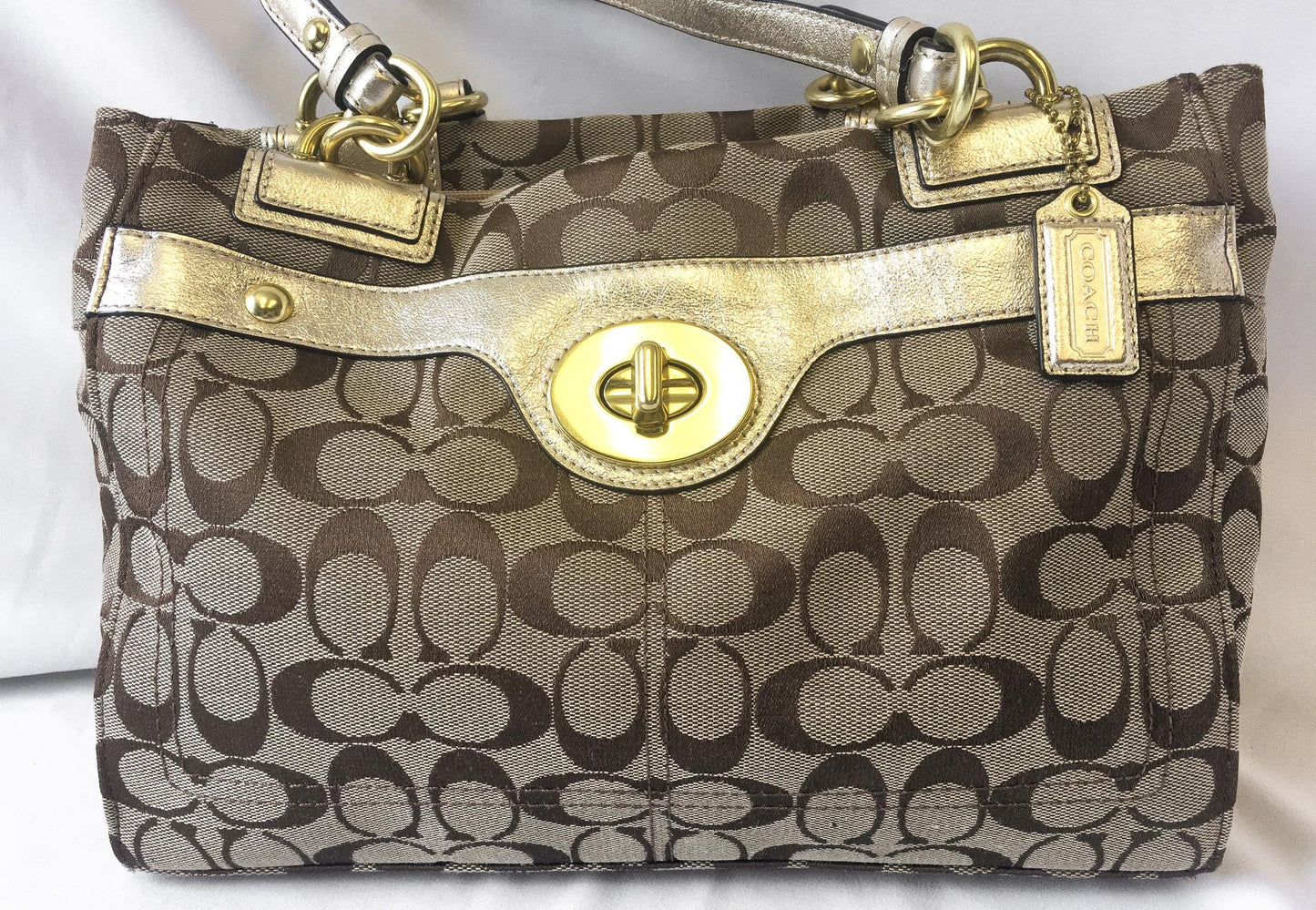 00s Coach Penelope Metallic Beige Gold Signature C Monogram Canvas Leather Shoulder Bag with Matching Wallet, Style #F16540, Y2K Coach Bag