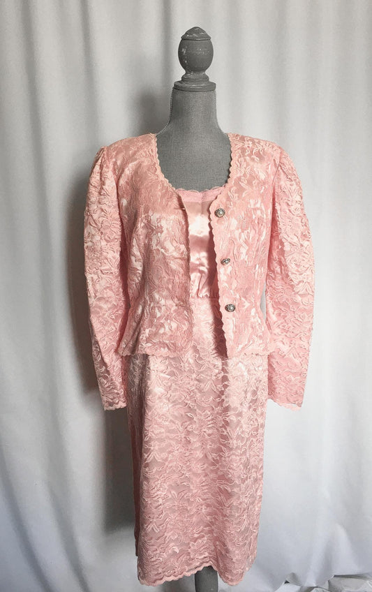 70s Baby Pink Satin Lace Dress and Blazer Set, Approx. Sz. 4, Vintage Lace Dress Set