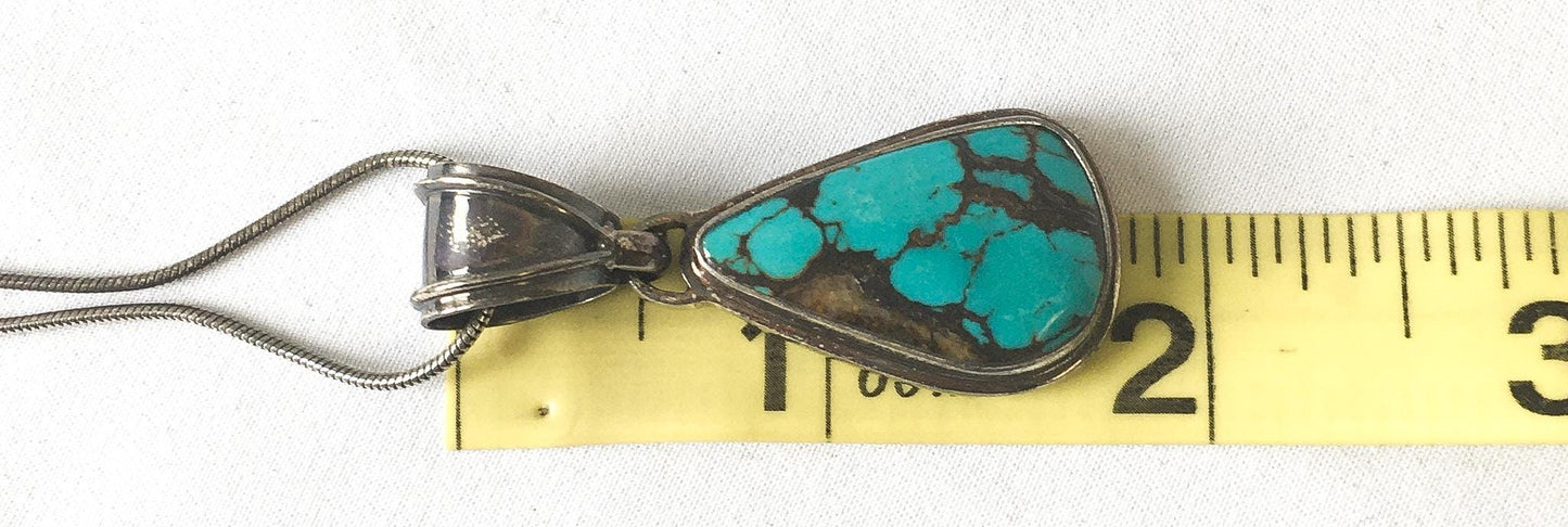 Vintage Saville 925 Turquoise Teardrop Pendant with 925 Italy Round Snake Chain, 21", Vintage Boho Navajo Statement Necklace