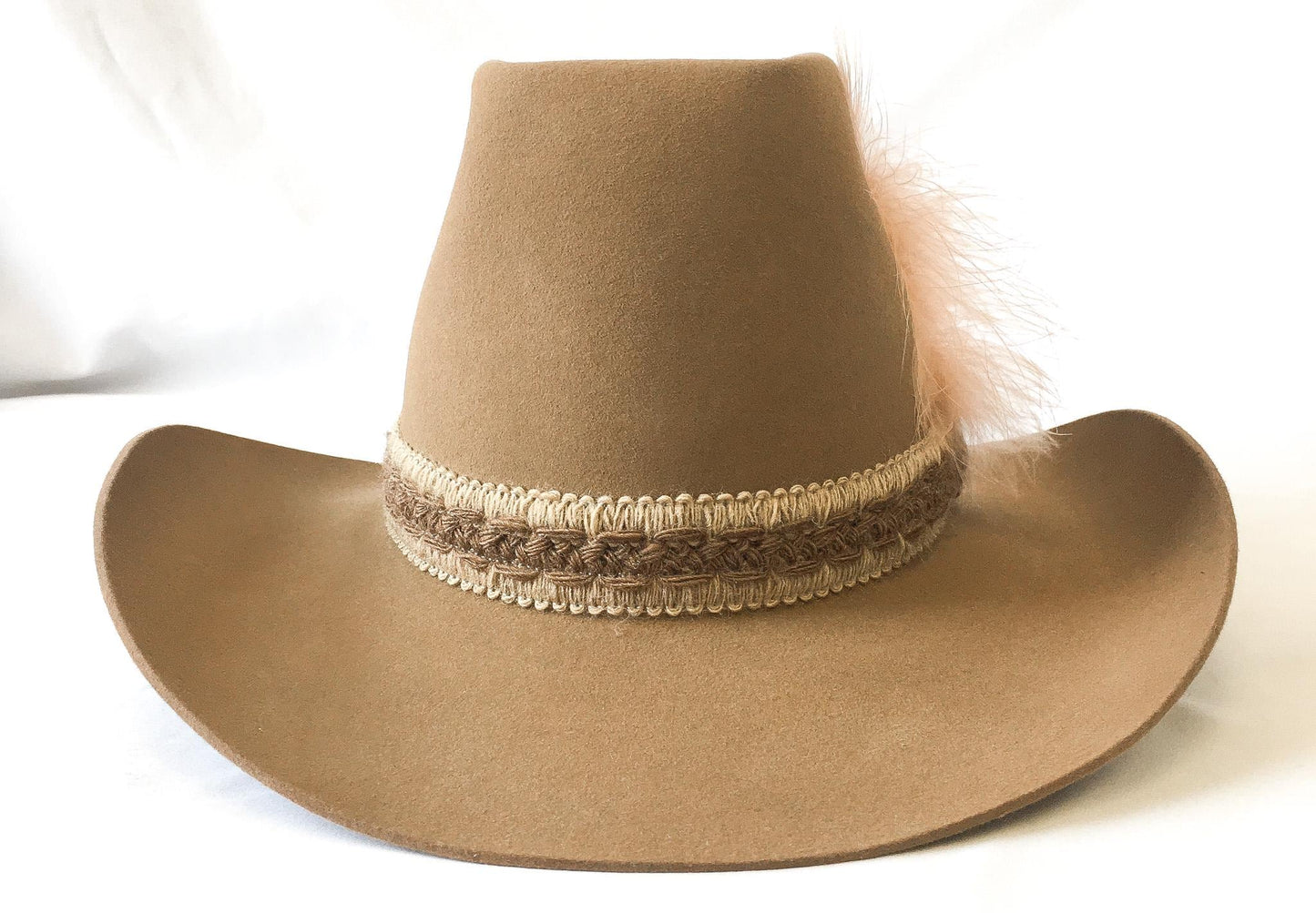 Vintage Resistol Stagecoach Tan/Brown Tall Cowboy Hat with Woven and Light Pink Feather Band, Sz. 7 1/2, Unique Western Hat