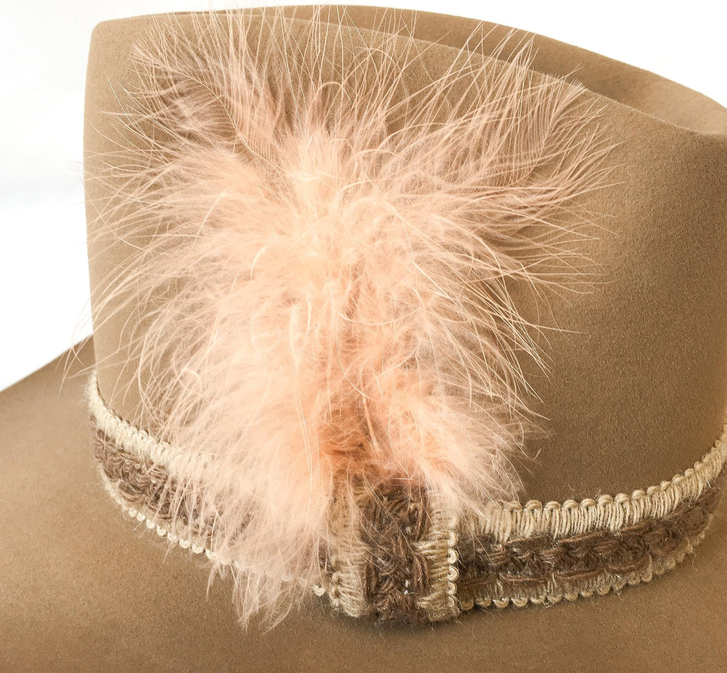 Vintage Resistol Stagecoach Tan/Brown Tall Cowboy Hat with Woven and Light Pink Feather Band, Sz. 7 1/2, Unique Western Hat