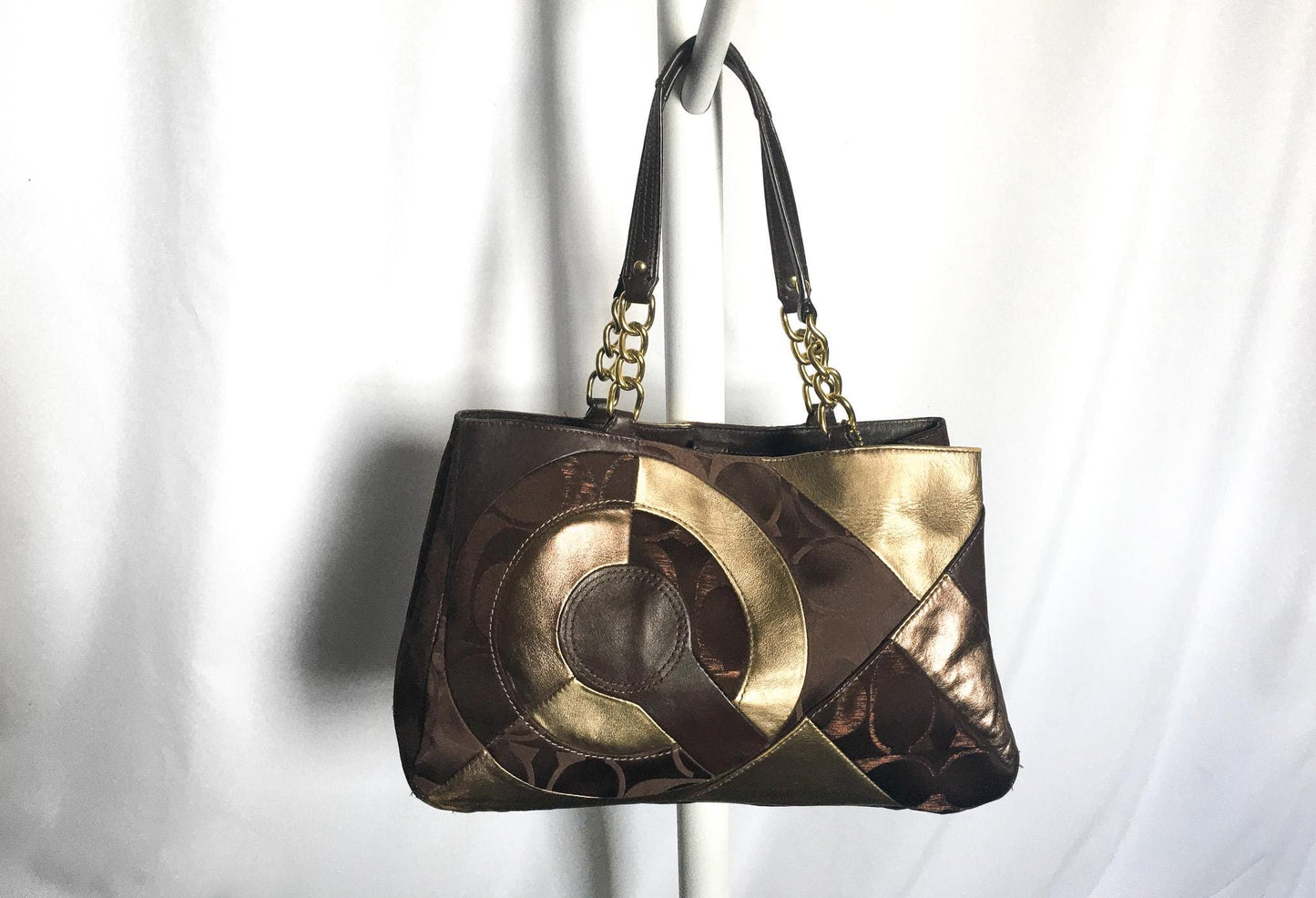 Y2K Coach Inlaid Patchwork Tote Shoulder Bag in Chocolate Multi, Style #200013, Y2K 00s Coach Shoulder Handbag