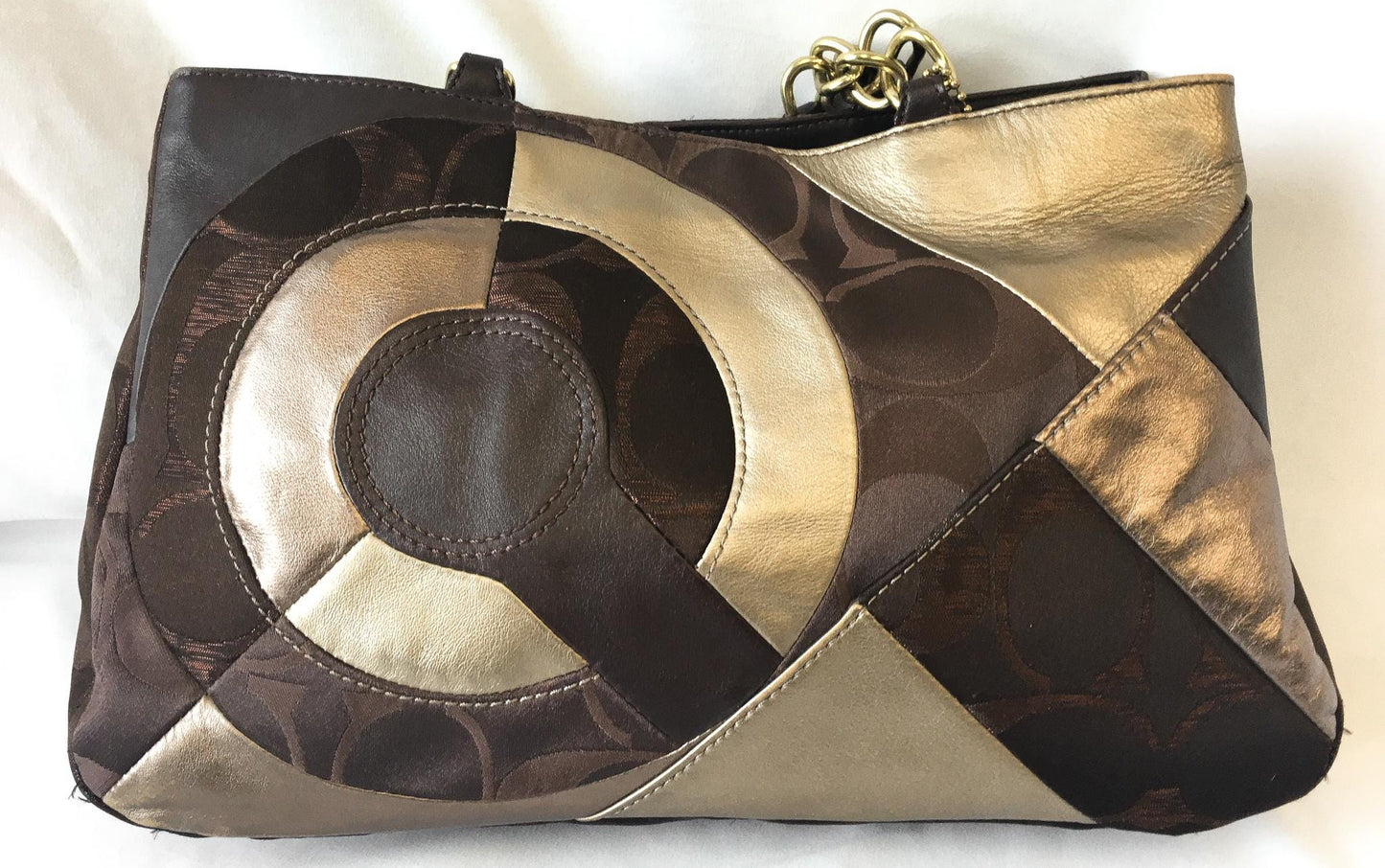 Y2K Coach Inlaid Patchwork Tote Shoulder Bag in Chocolate Multi, Style #200013, Y2K 00s Coach Shoulder Handbag