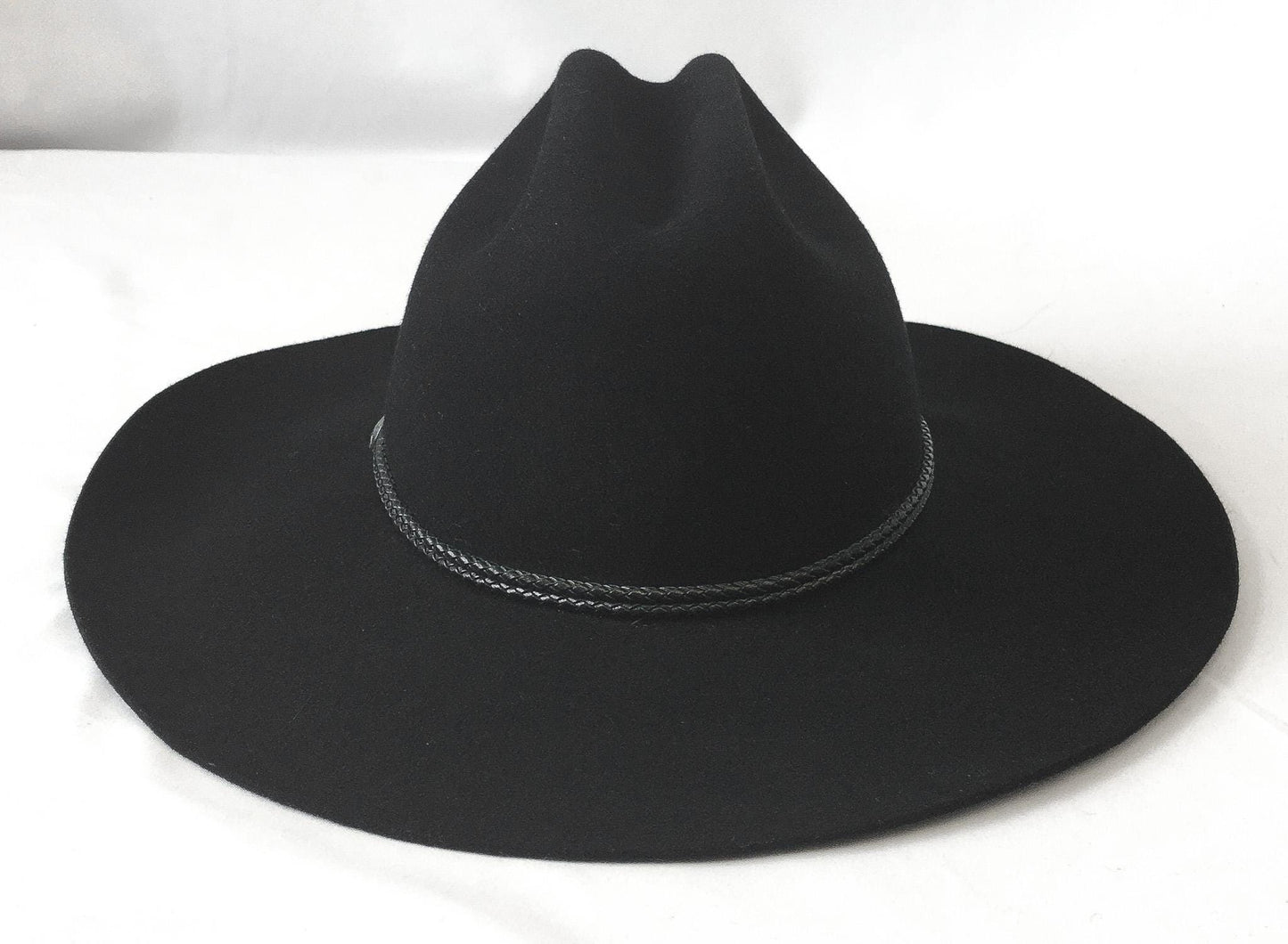 Vintage Inspired Stetson Black Felt Flatbrim Cowboy Hat with Woven Leather Band Detail, Sz. 6 3/4, Vintage Western Hat