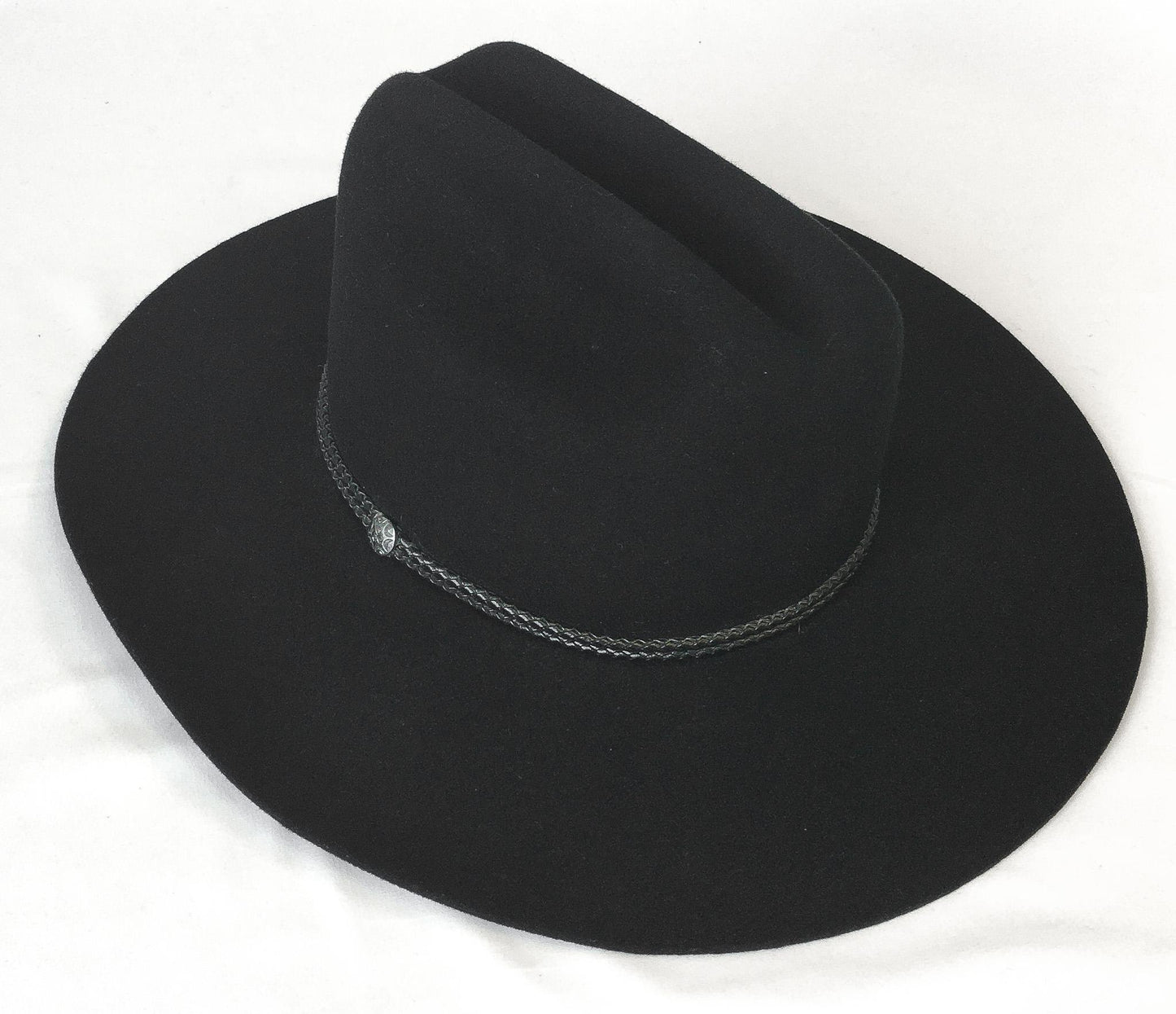 Vintage Inspired Stetson Black Felt Flatbrim Cowboy Hat with Woven Leather Band Detail, Sz. 6 3/4, Vintage Western Hat