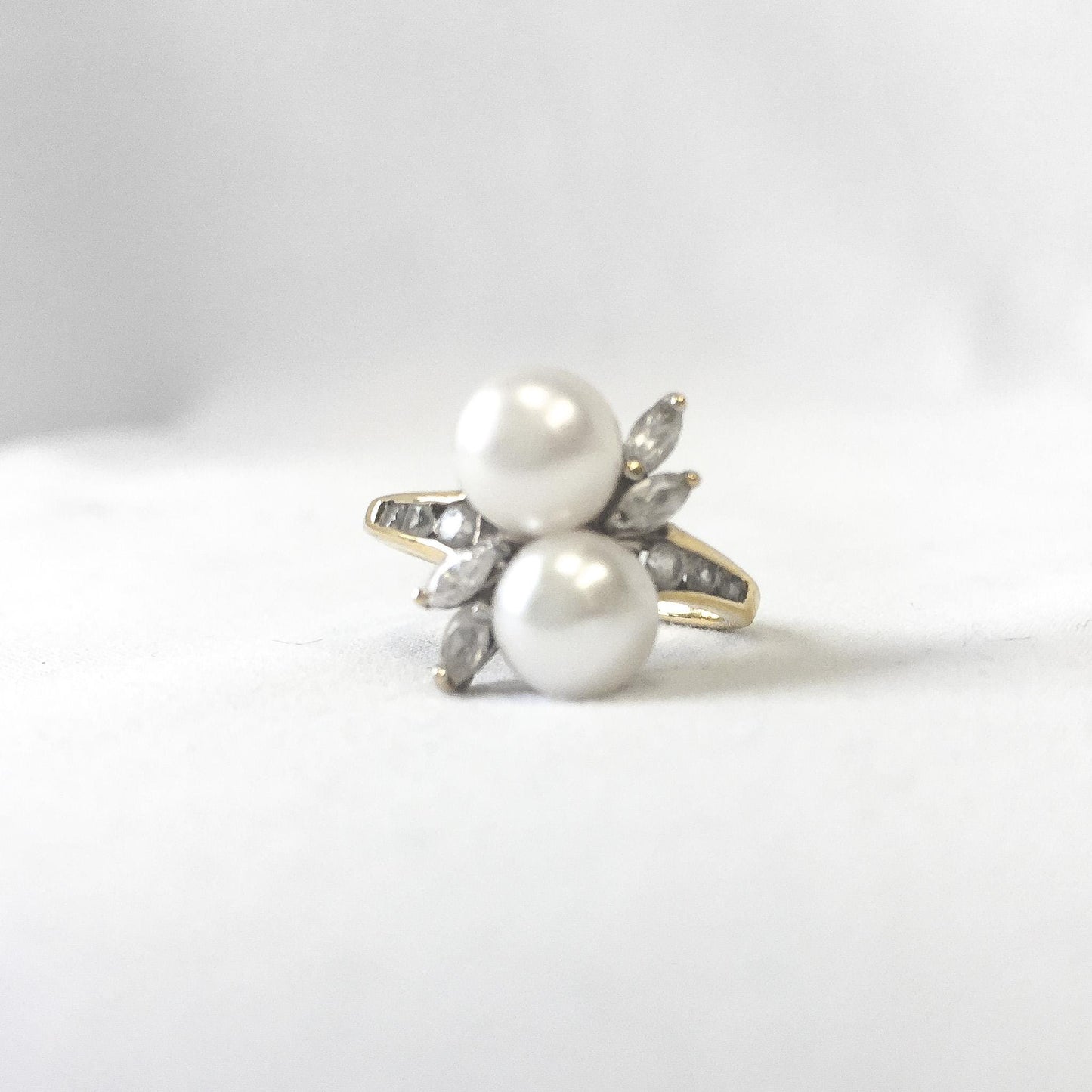 Vintage 10K Twin Pearl White Topaz Cubic Zirconia Bypass Ring, Sz. 5.25, Vintage Estate Art Deco Cocktail Style Ring