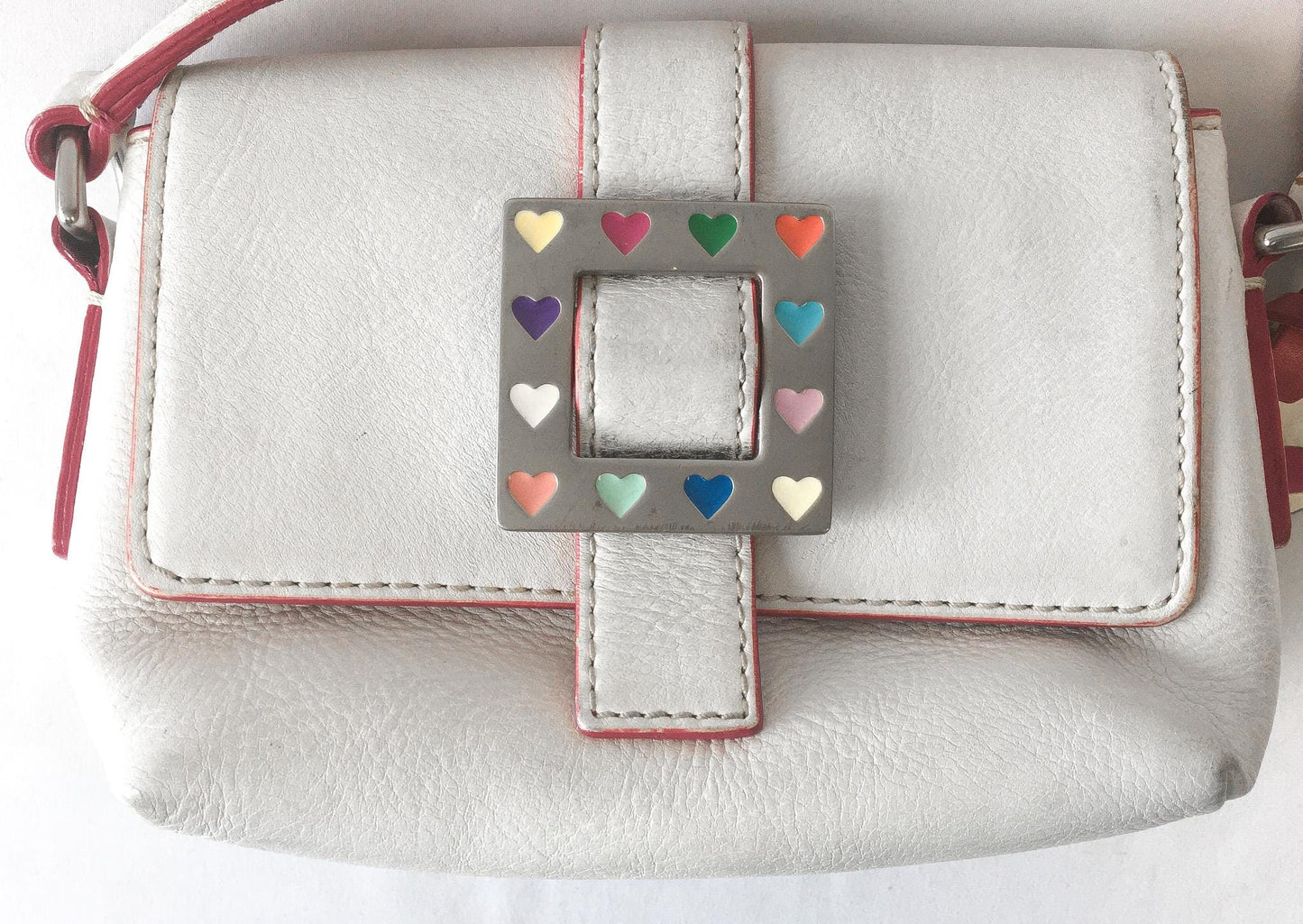 Vintage Y2K Dooney and Bourke White and Pink Mini Bag with Rainbow Heart Buckle, Unique Y2K 00s Dooney Crossbody Shoulder Bag