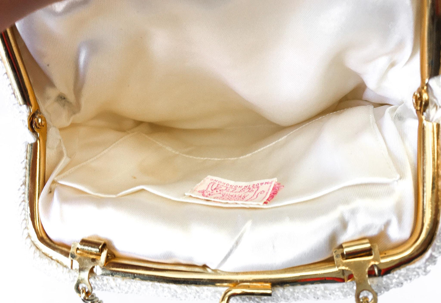 Vintage 60s White Iridescent Beaded Top Handle Clutch Evening Bag, Vintage Art Deco Cocktail Handbag