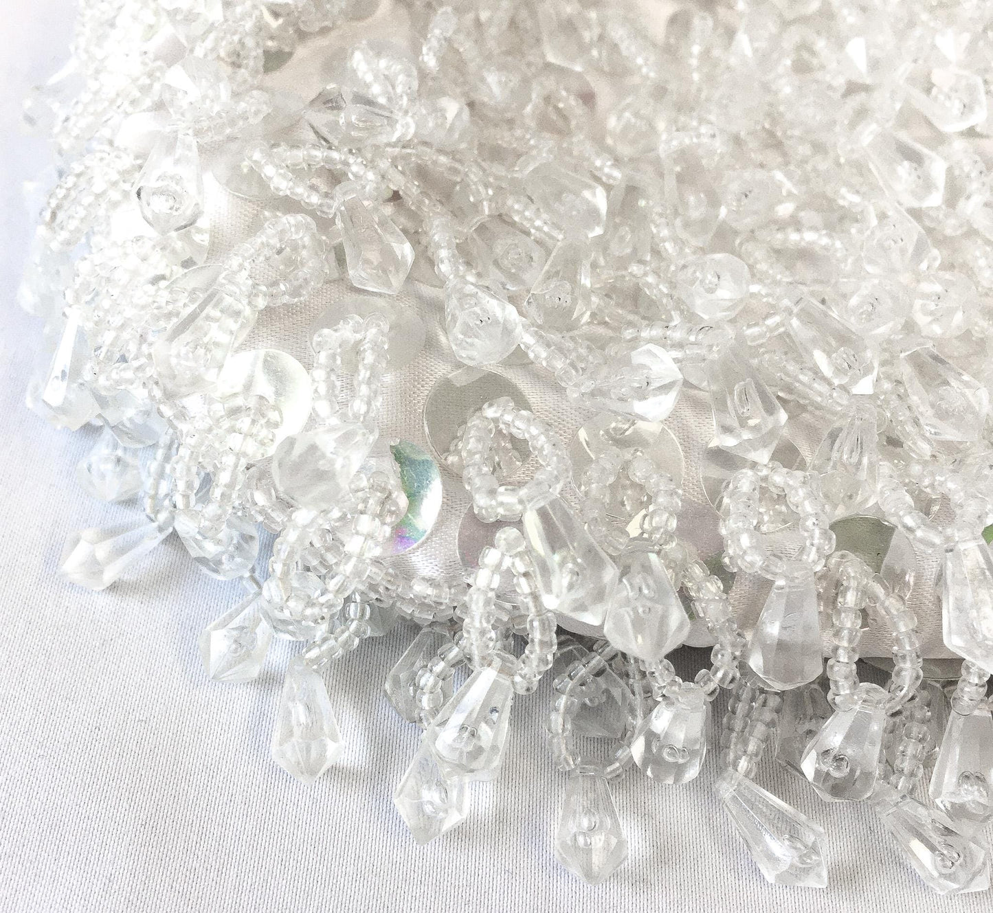 Vintage 60s White Iridescent Beaded Top Handle Clutch Evening Bag, Vintage Art Deco Cocktail Handbag