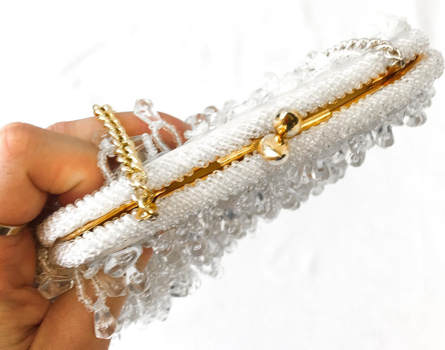 Vintage 60s White Iridescent Beaded Top Handle Clutch Evening Bag, Vintage Art Deco Cocktail Handbag