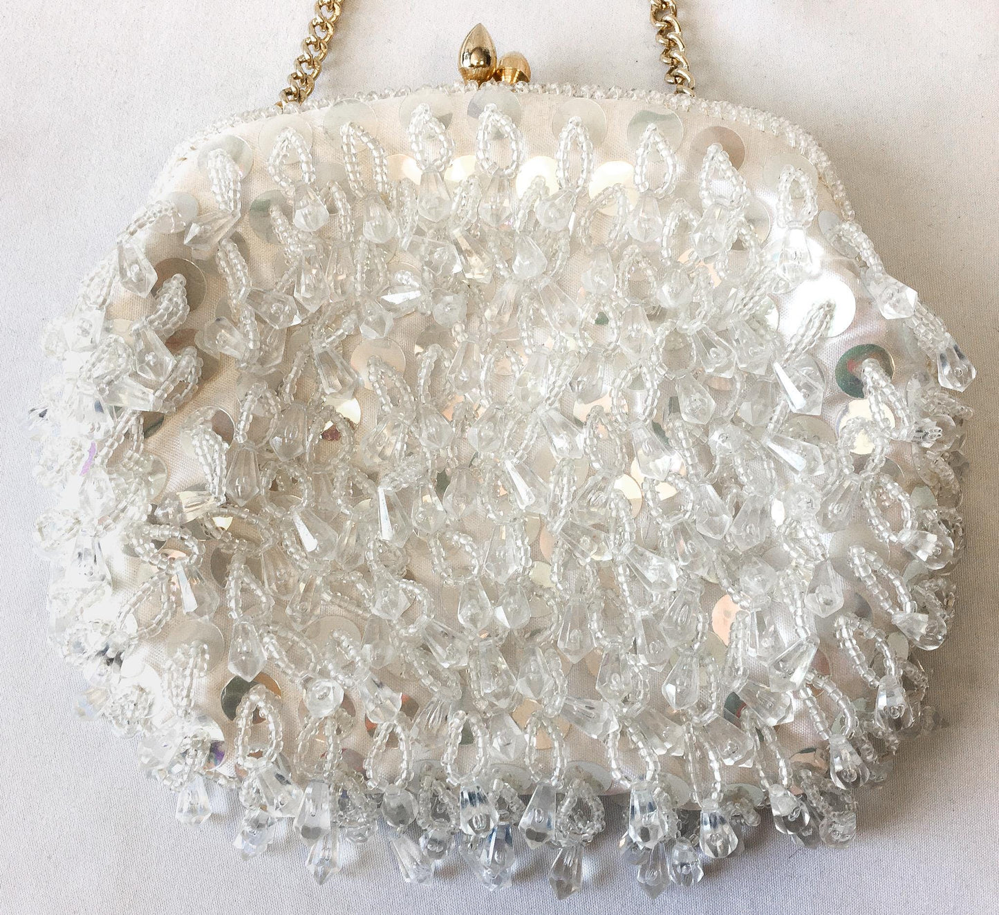 Vintage 60s White Iridescent Beaded Top Handle Clutch Evening Bag, Vintage Art Deco Cocktail Handbag