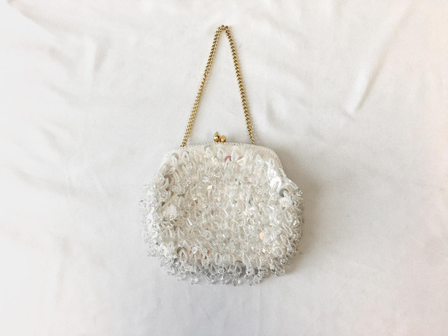 Vintage 60s White Iridescent Beaded Top Handle Clutch Evening Bag, Vintage Art Deco Cocktail Handbag