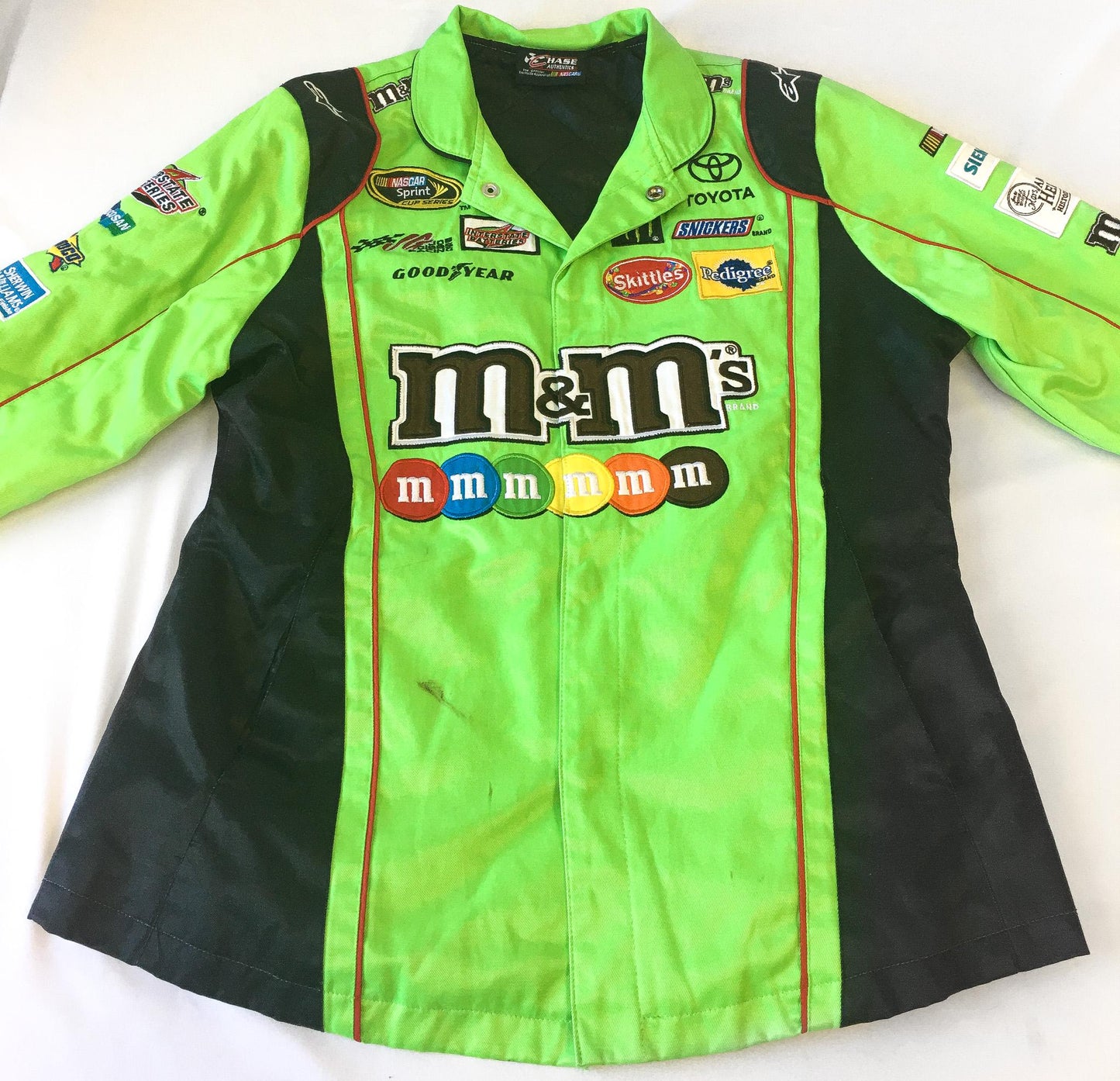 Vintage Chase Authentics M&M Kyle Busch Lime Green/Black Racing Jacket, Men's Sz. S, Vintage Racing Streetwear Jacket