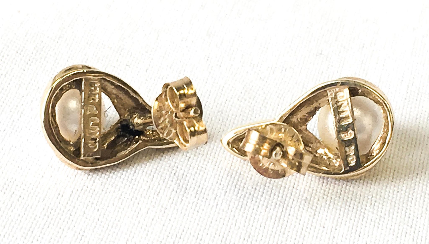 Vintage 10K Lind Yellow Gold Pearl Abstract Teardrop Stud Earrings