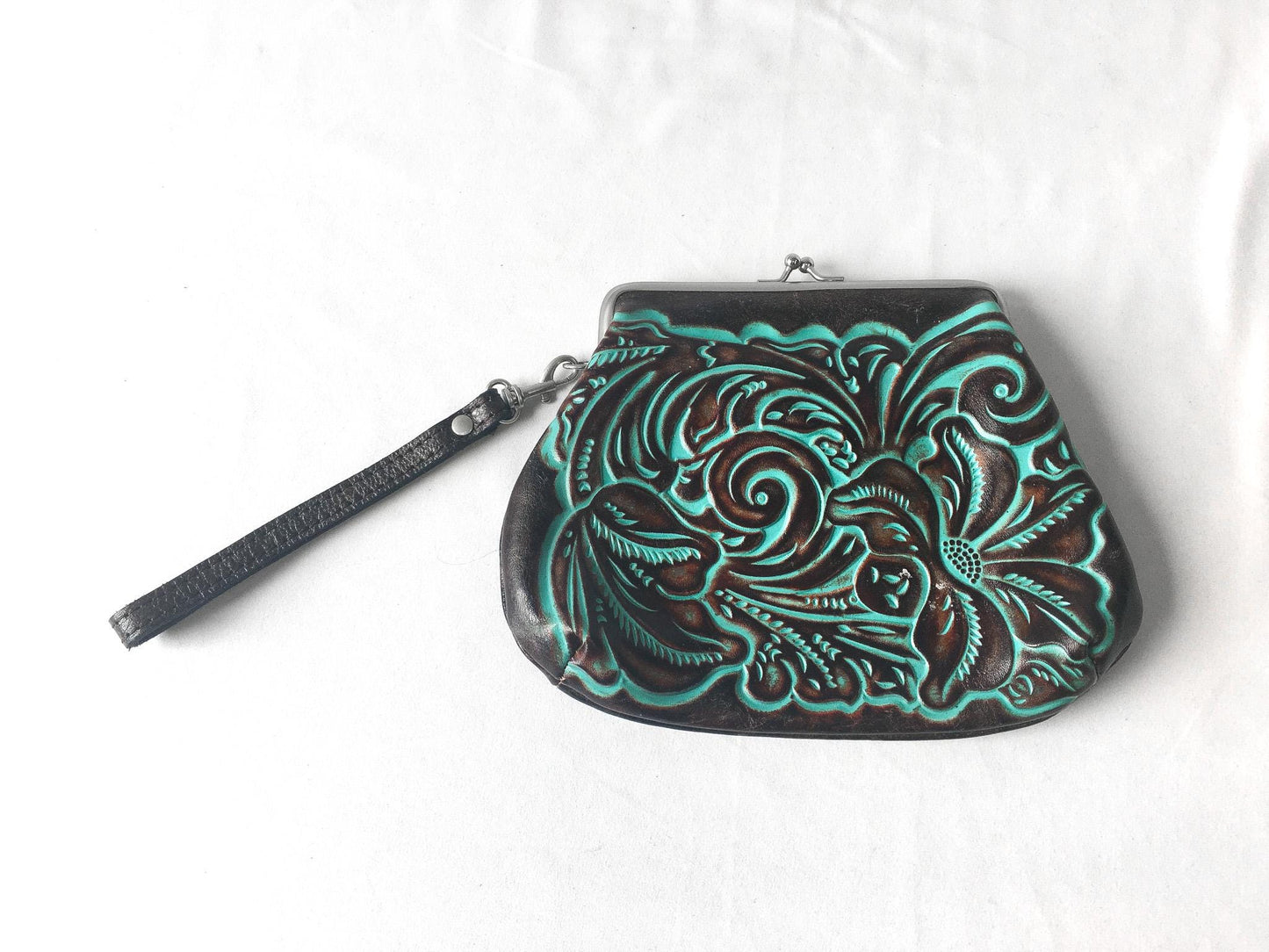 Vintage Inspired Patricia Nash Savena Brown Teal Tooled Leather Clutch Wristlet Coin Pouch, Unique Western Boho Wristlet Handbag