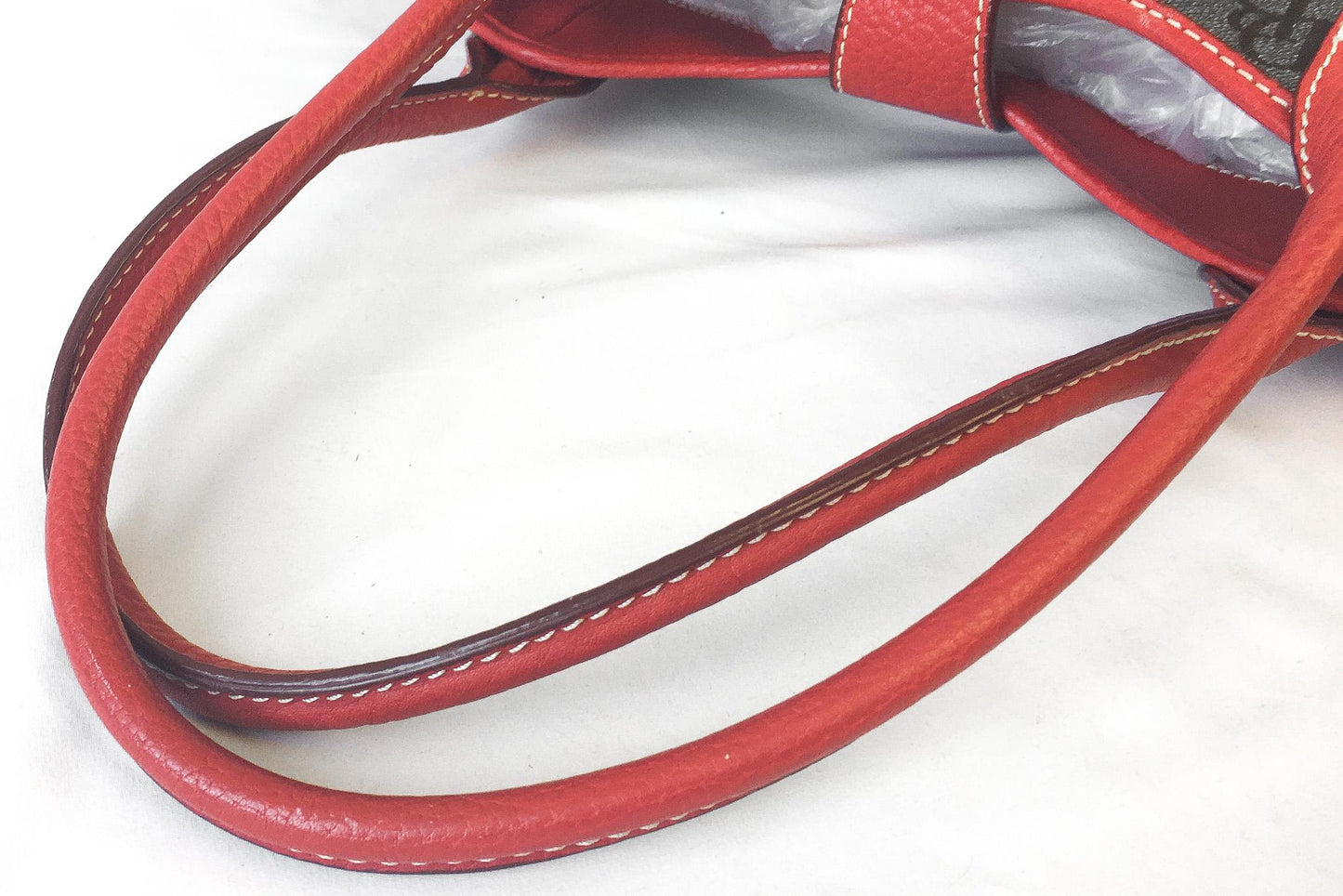 00s Dooney and Bourke Red Gray Monogram Logo LockTulip Canvas Leather Top Handle Satchel Shoulder Bag, Y2K Dooney Handbag