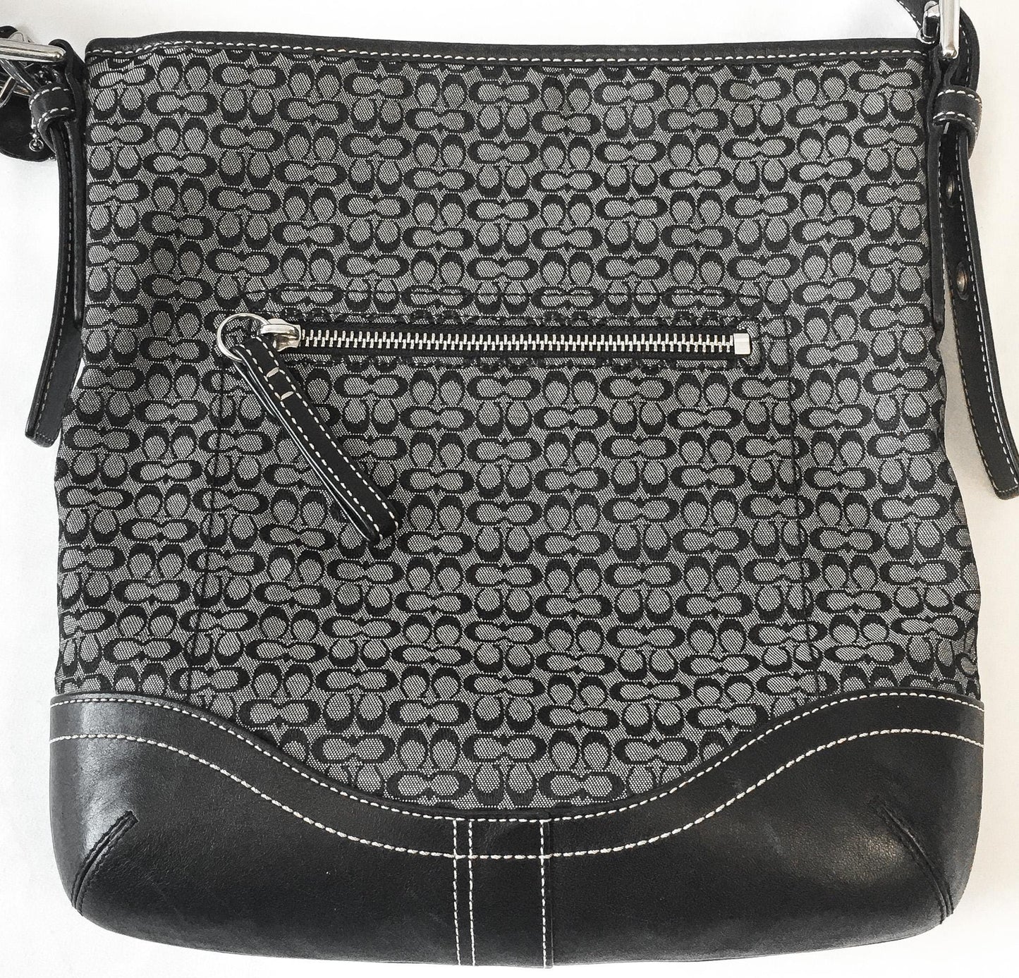 00s Coach Signature C Monogram Black Gray Leather Canvas Crossbody Shoulder Bag, Style #10944, Y2K Coach Handbag