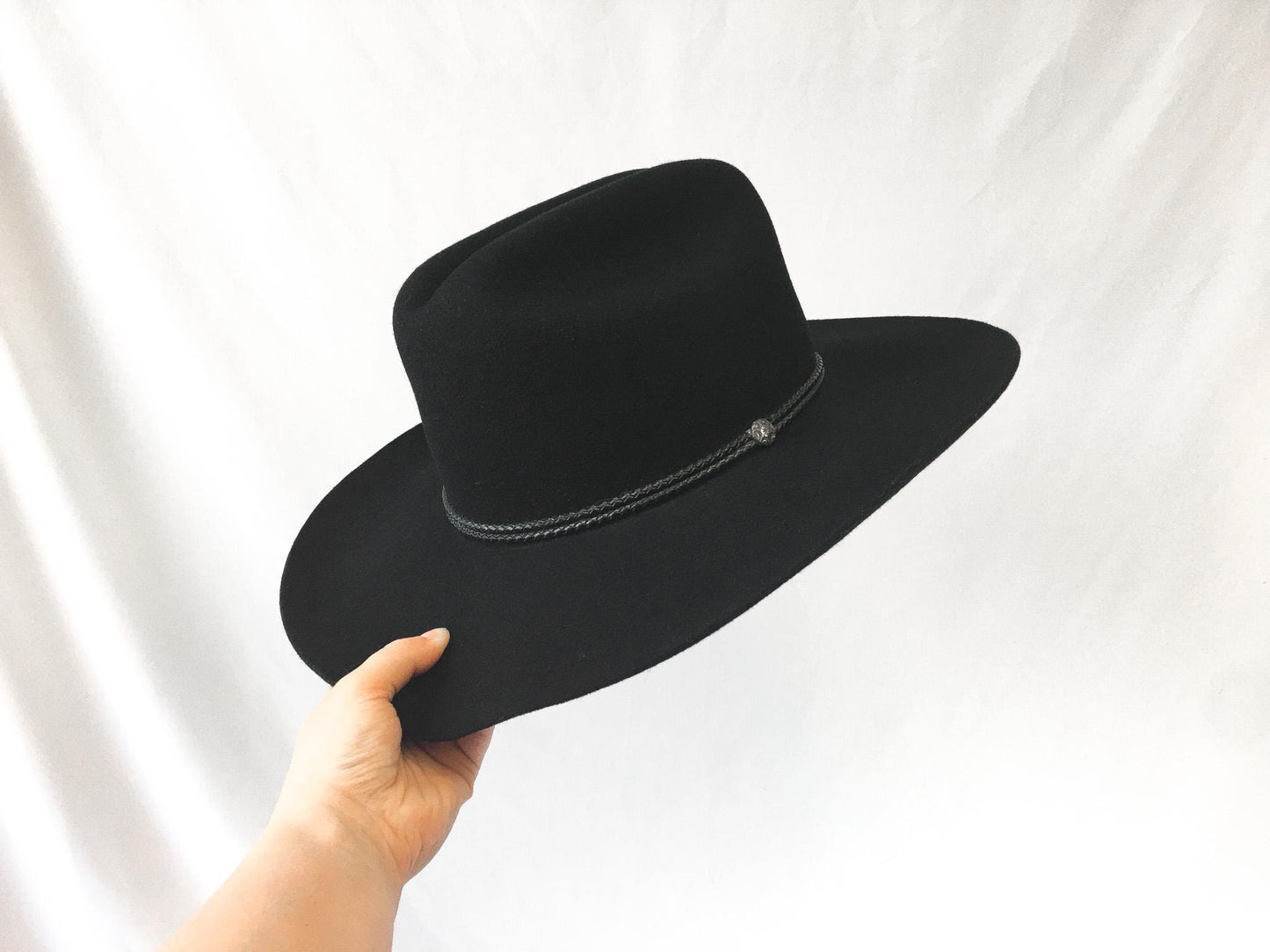 Vintage Inspired Stetson Black Felt Flatbrim Cowboy Hat with Woven Leather Band Detail, Sz. 6 3/4, Vintage Western Hat