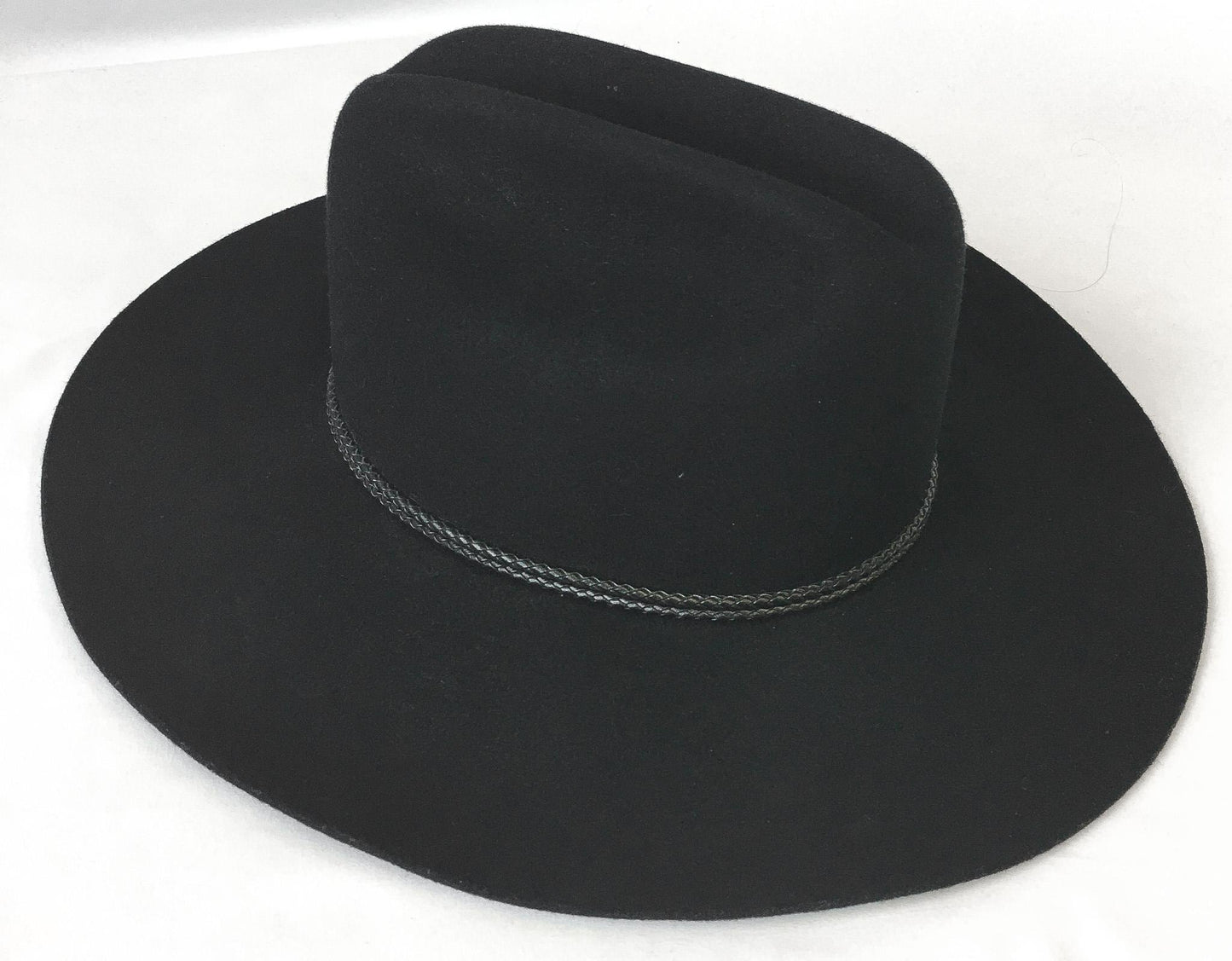 Vintage Inspired Stetson Black Felt Flatbrim Cowboy Hat with Woven Leather Band Detail, Sz. 6 3/4, Vintage Western Hat