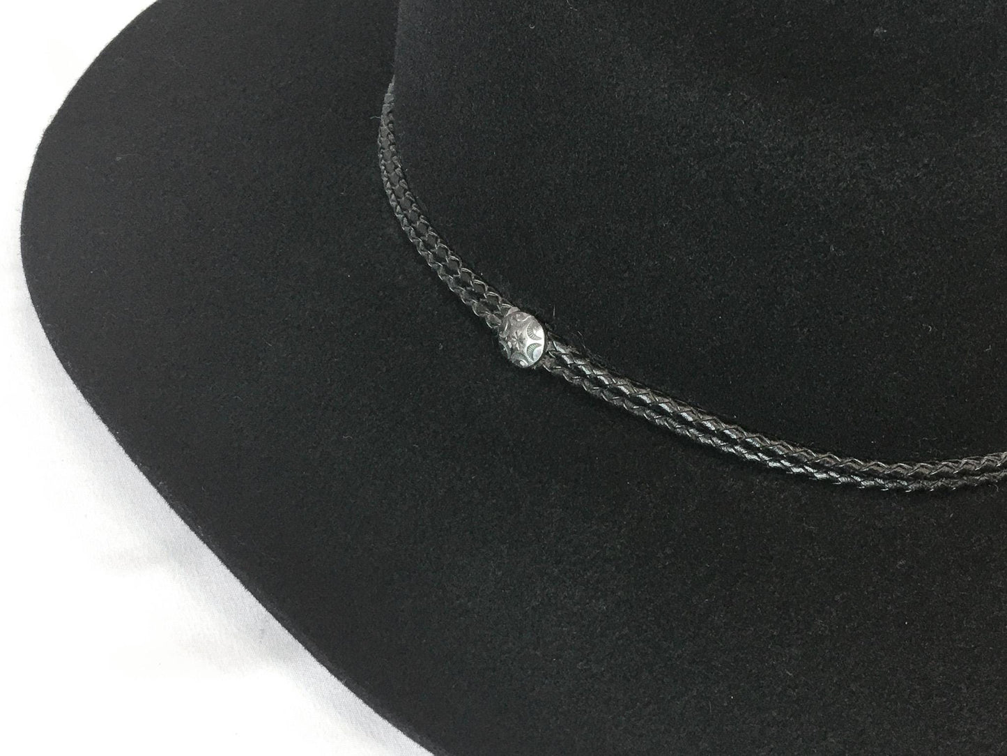 Vintage Inspired Stetson Black Felt Flatbrim Cowboy Hat with Woven Leather Band Detail, Sz. 6 3/4, Vintage Western Hat